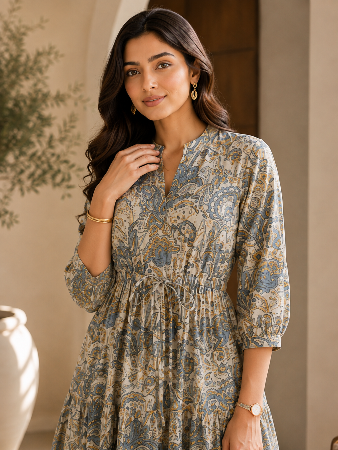 Blue Paisley Print A-Line Midi Dress For Women | Claura