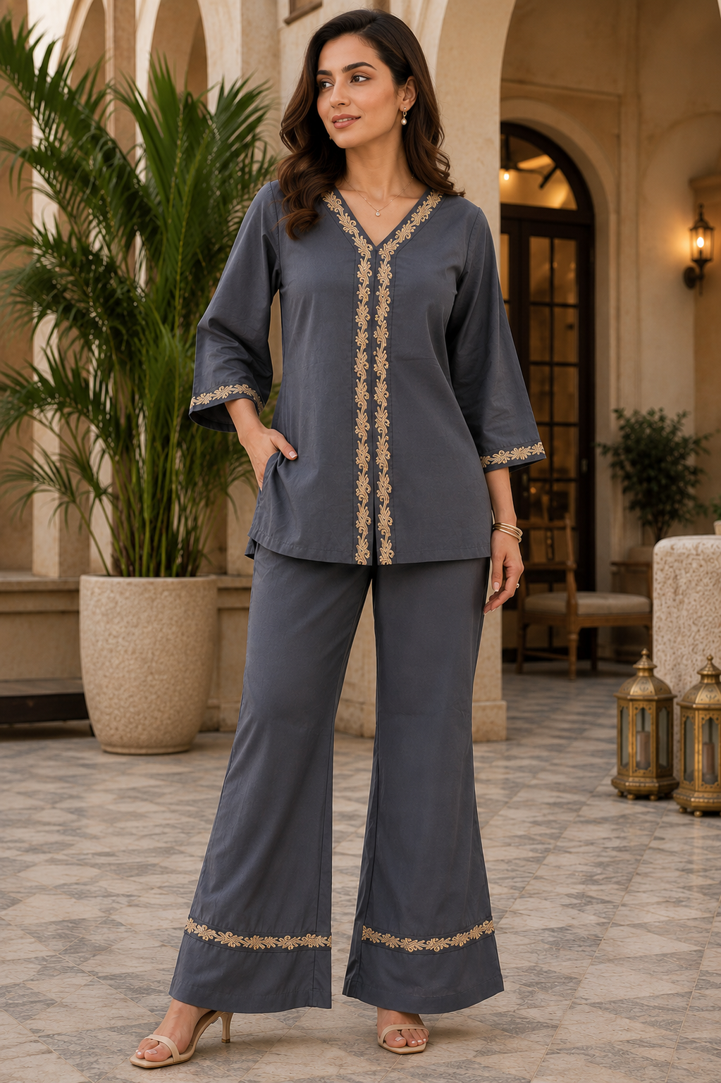 Grey Embroidered V-Neck Tunic with Palazzos Co-Ord Set | Claura