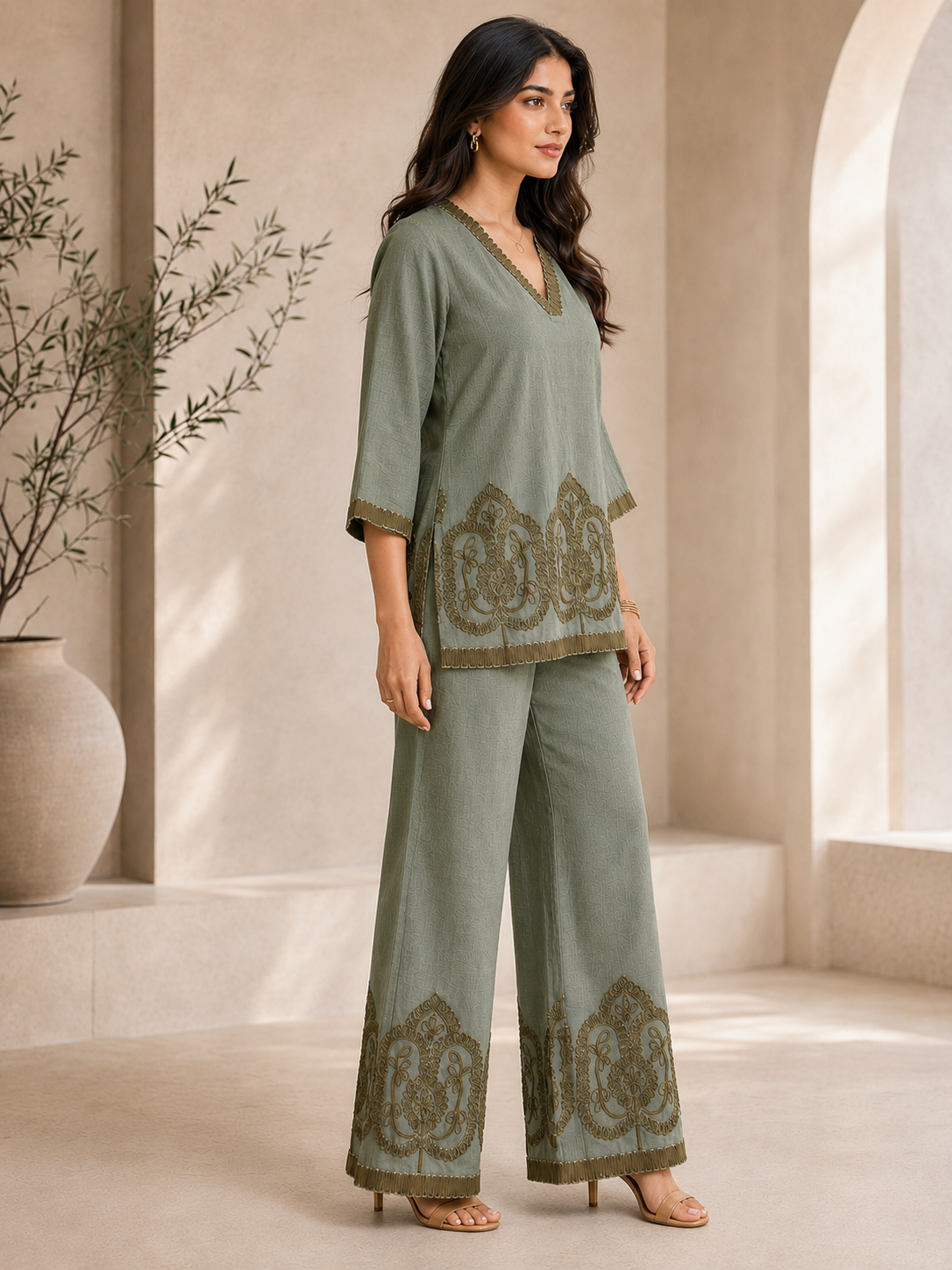 Green Embroidered Linen Co-ord Set with V-Neck Tunic & Palazzos