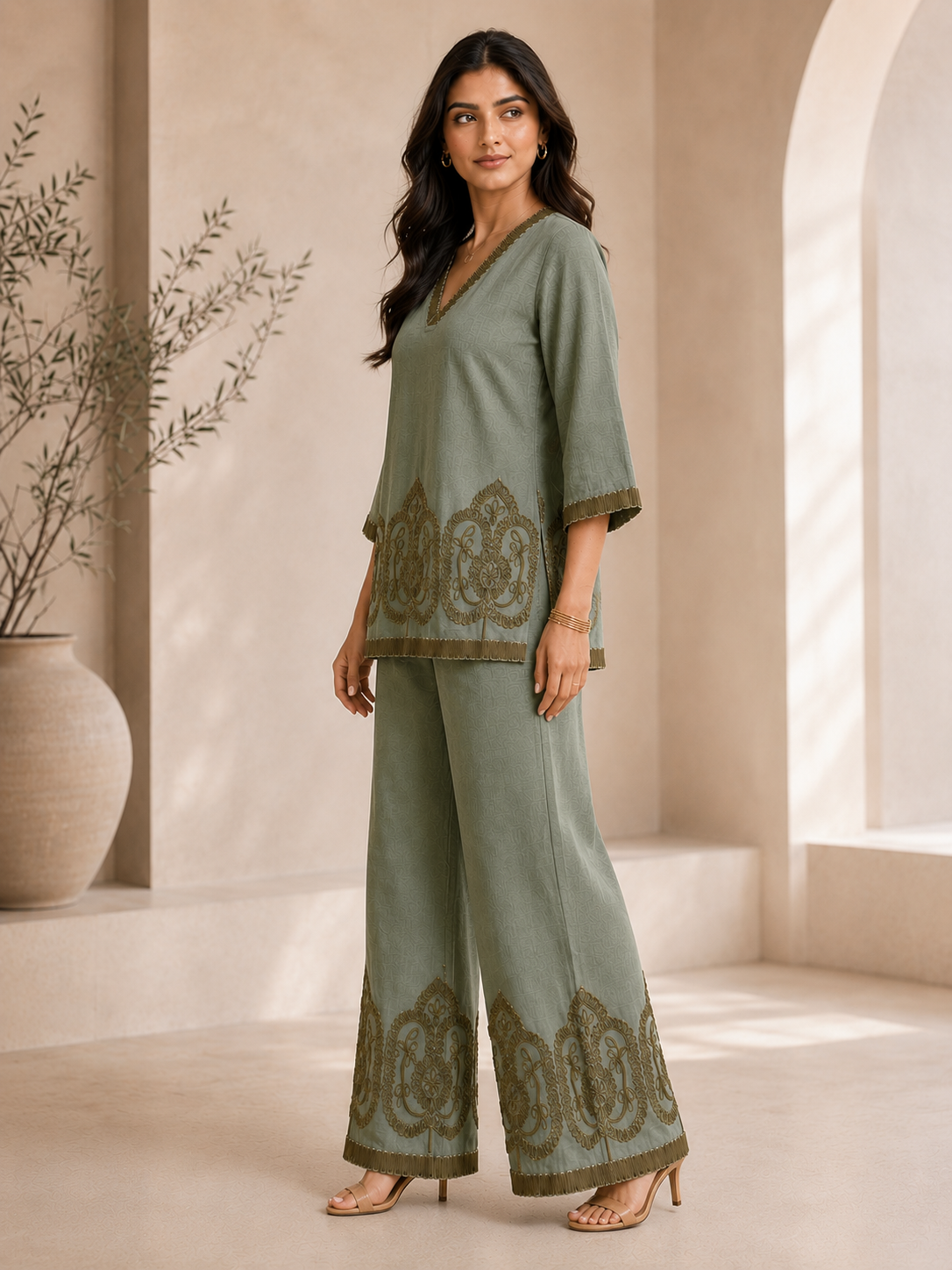 Green Embroidered Linen Co-ord Set with V-Neck Tunic & Palazzos