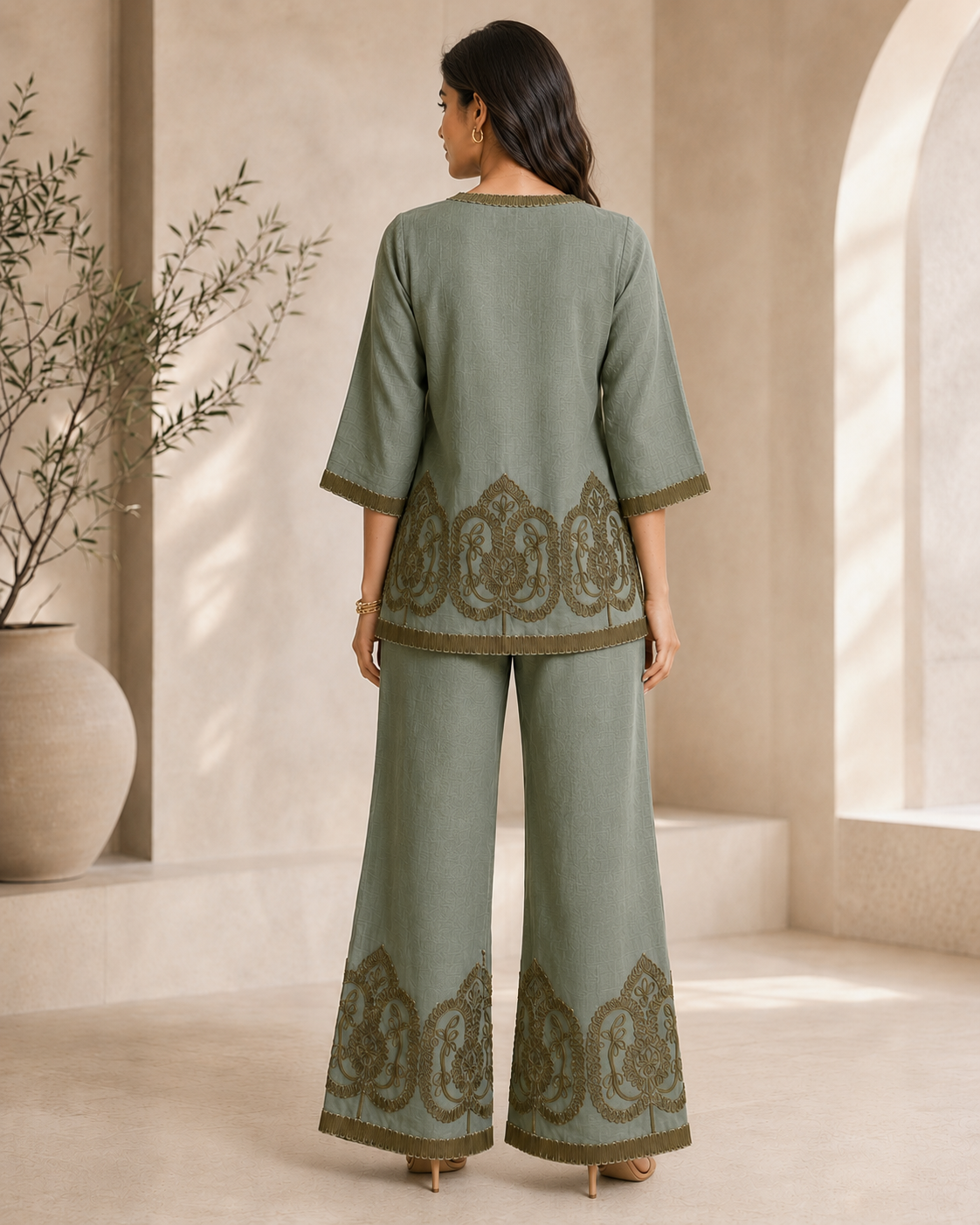 Green Embroidered Linen Co-ord Set with V-Neck Tunic & Palazzos