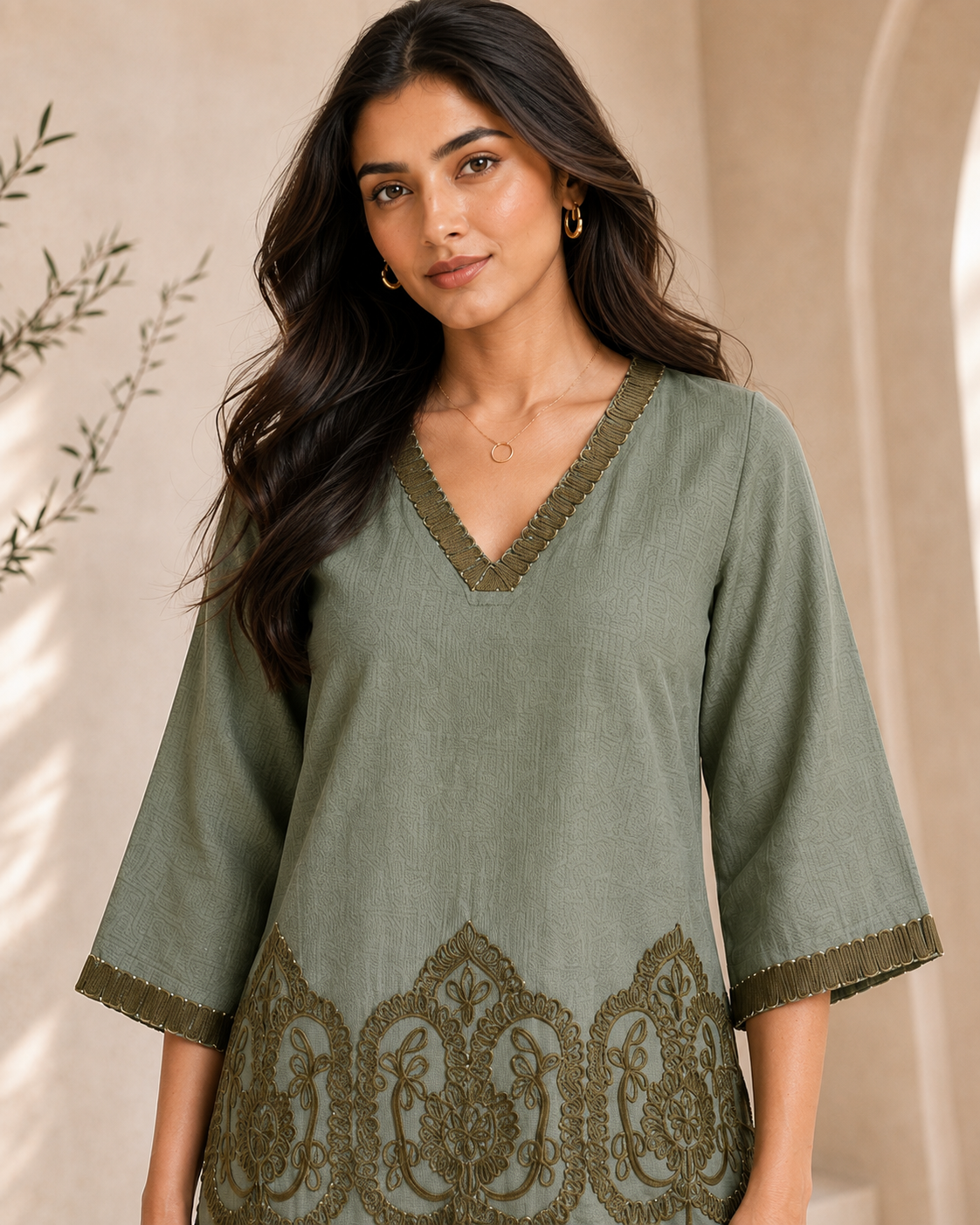 Green Embroidered Linen Co-ord Set with V-Neck Tunic & Palazzos