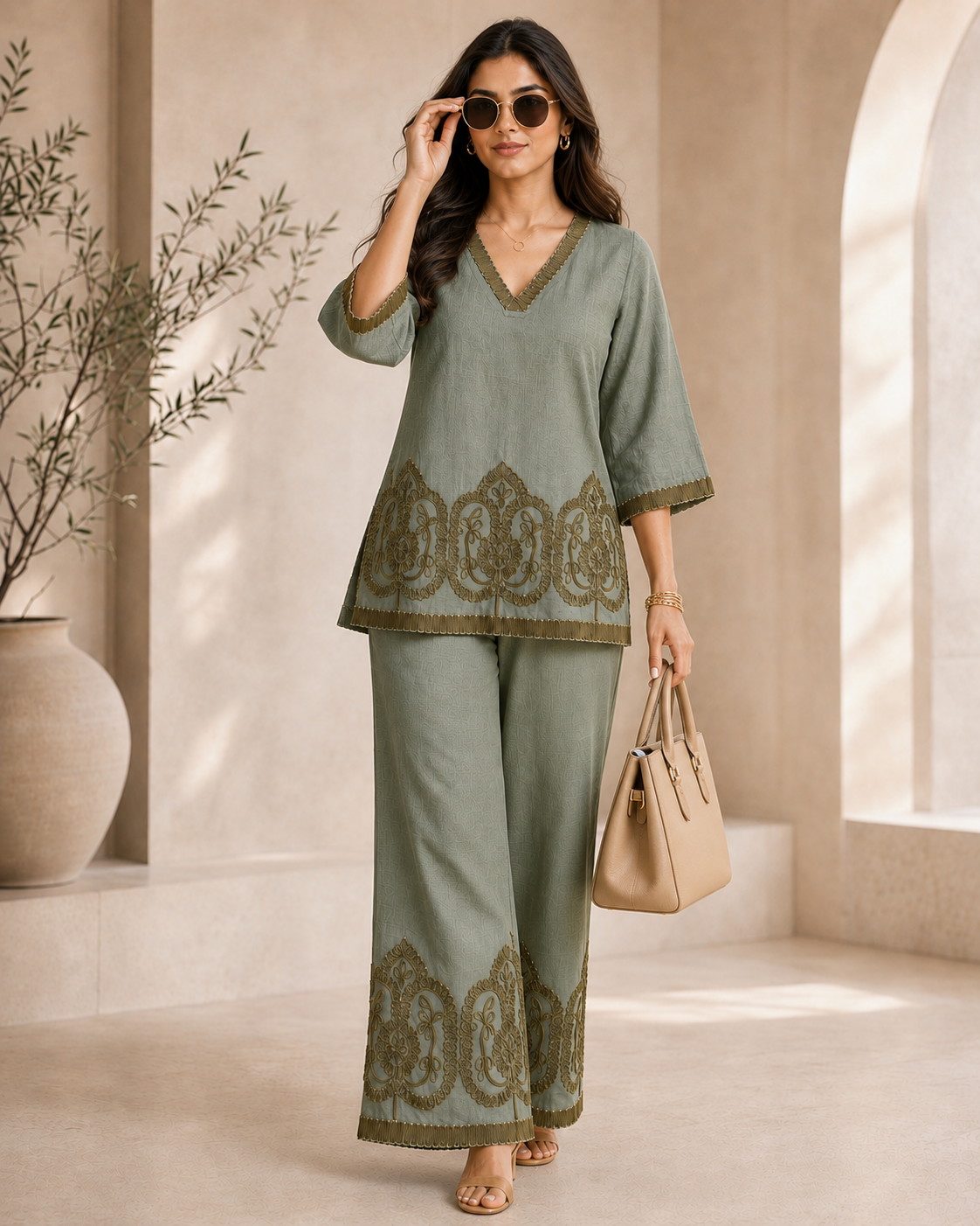 Green Embroidered Linen Co-ord Set with V-Neck Tunic & Palazzos