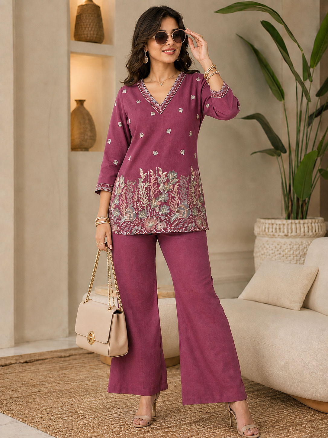 Purple Floral Embroidered Linen Tunic with Solid Palazzos Co-ord Set