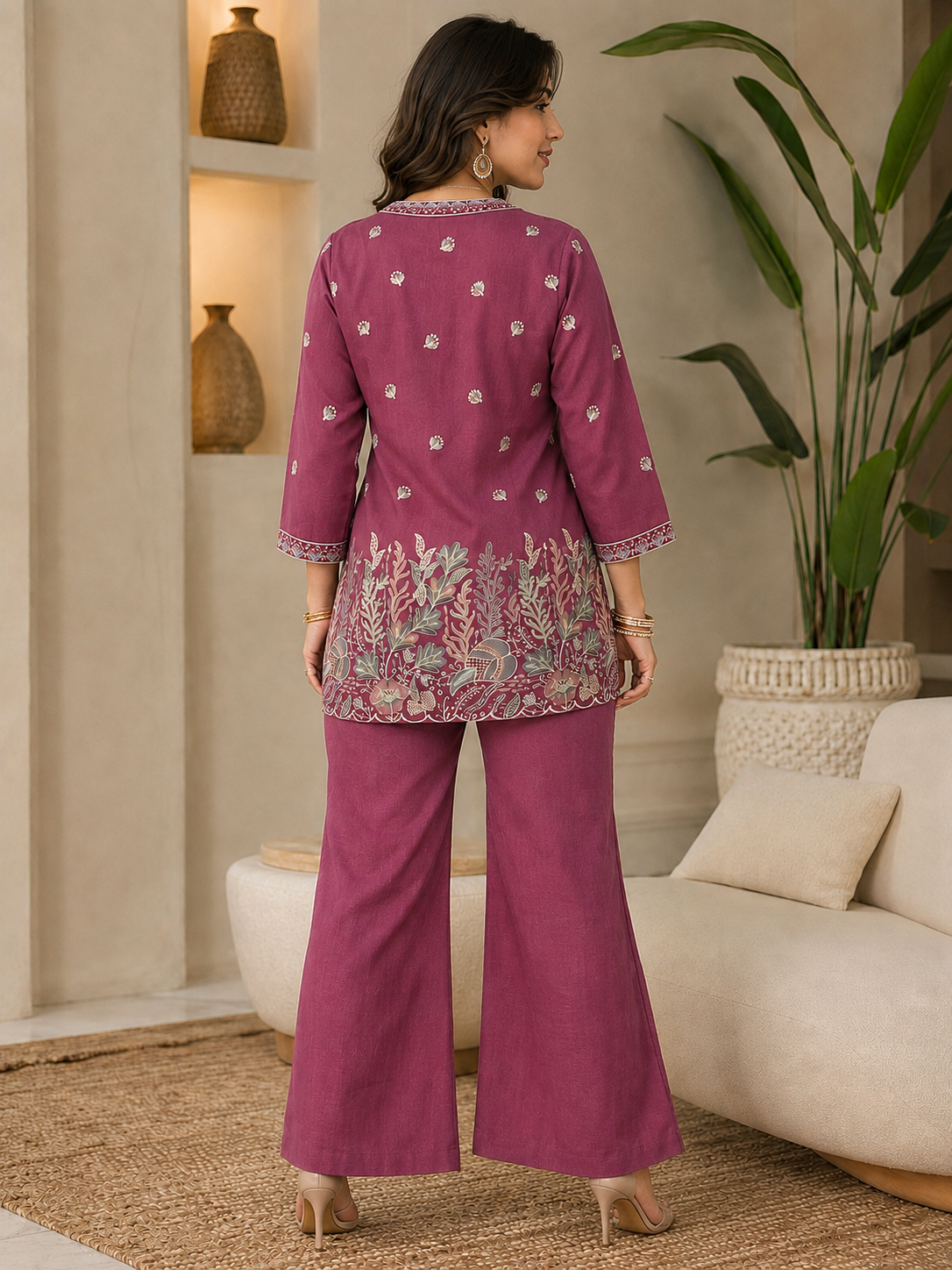 Purple Floral Embroidered Linen Tunic with Solid Palazzos Co-ord Set