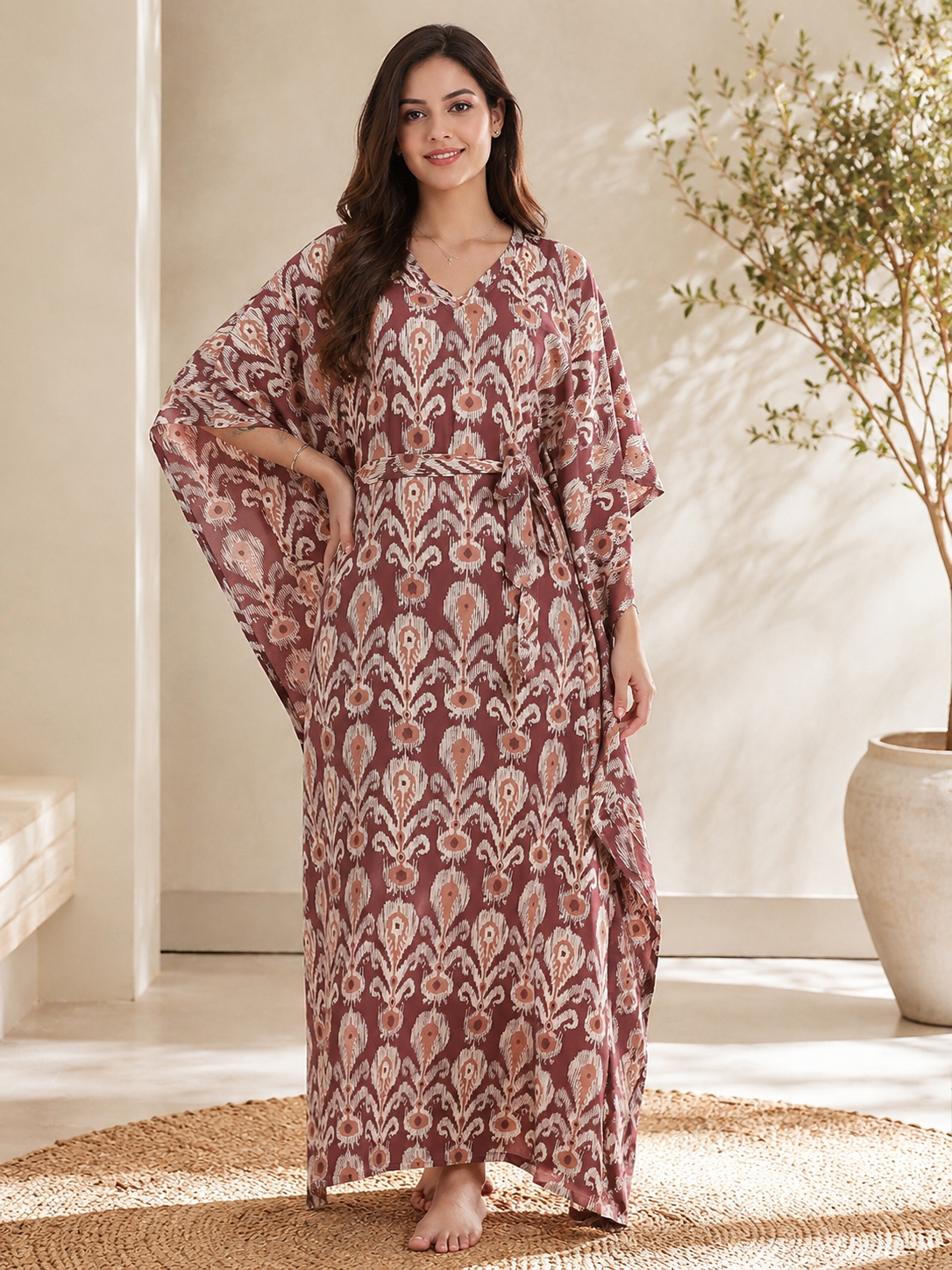 Mauve Color Abstract Printed Viscose Rayon Kaftan For Women