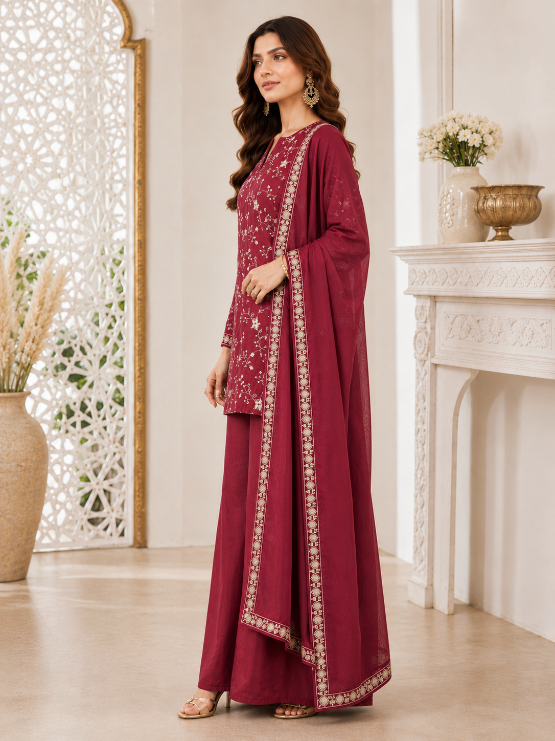 Wine Zari Floral Embroidered Silk Blend Kurta Set with Sharara & Dupatta