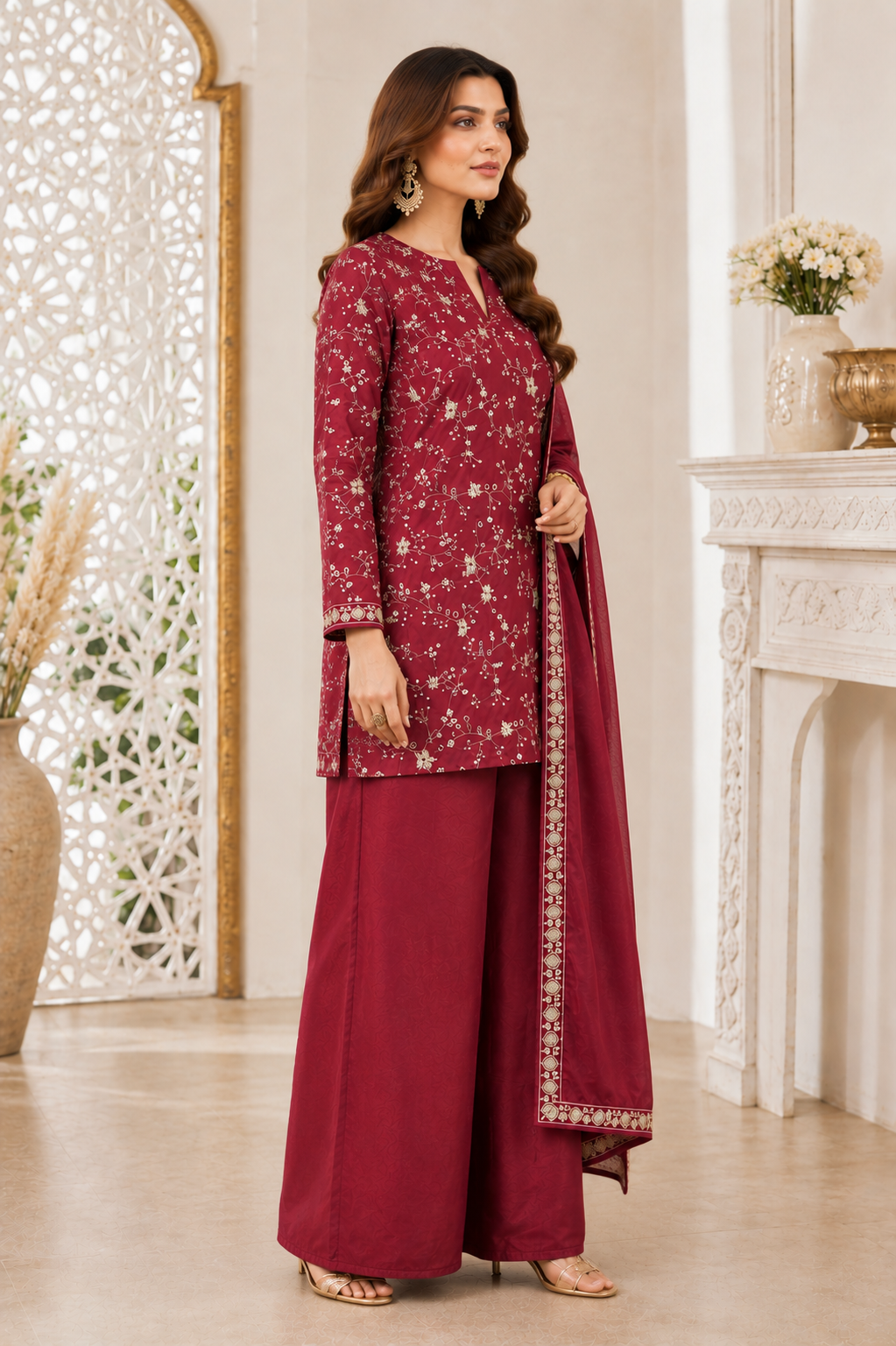 Wine Zari Floral Embroidered Silk Blend Kurta Set with Sharara & Dupatta