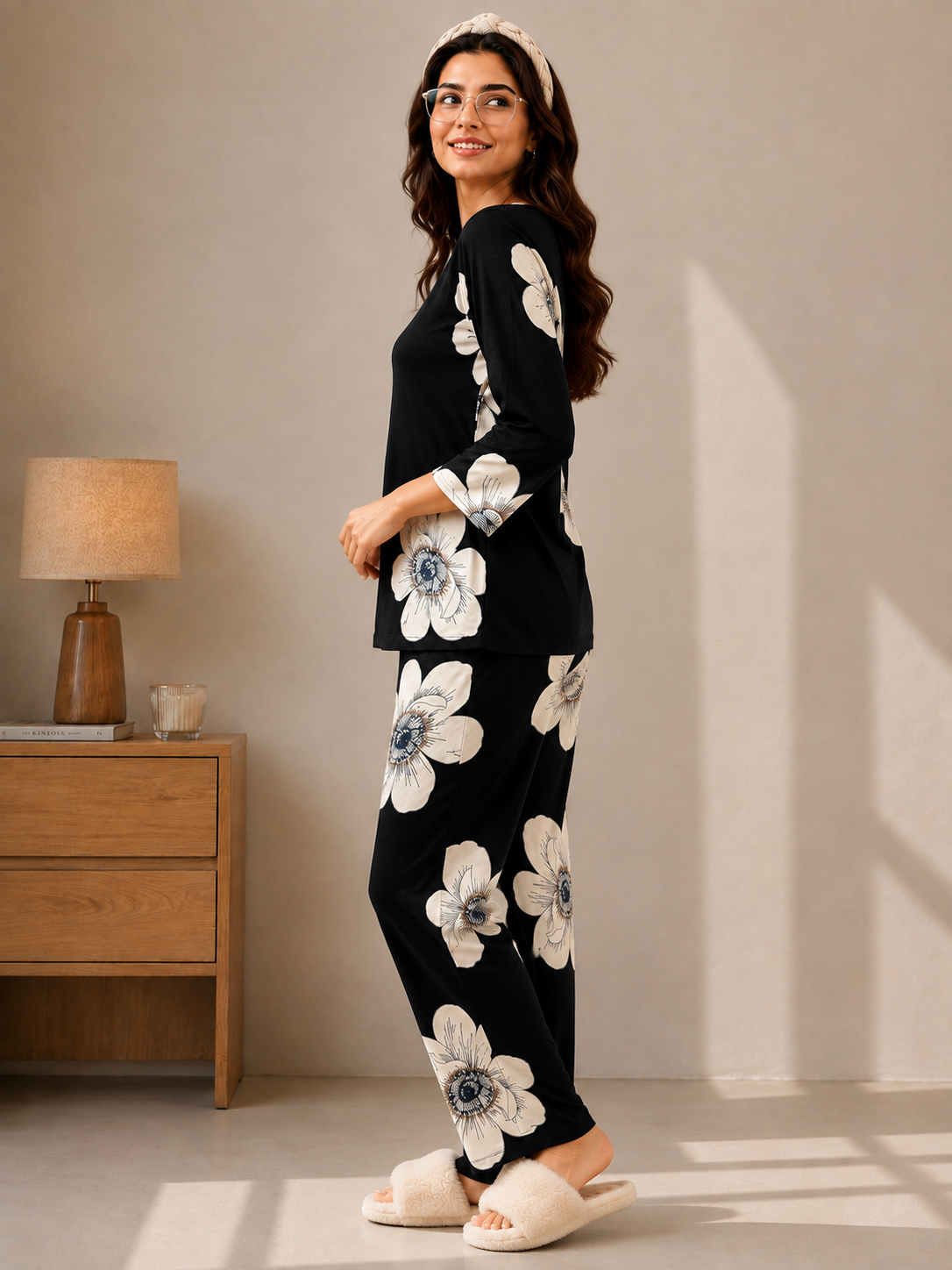 Black Petal Charm Printed Night Suit For Women | Claura