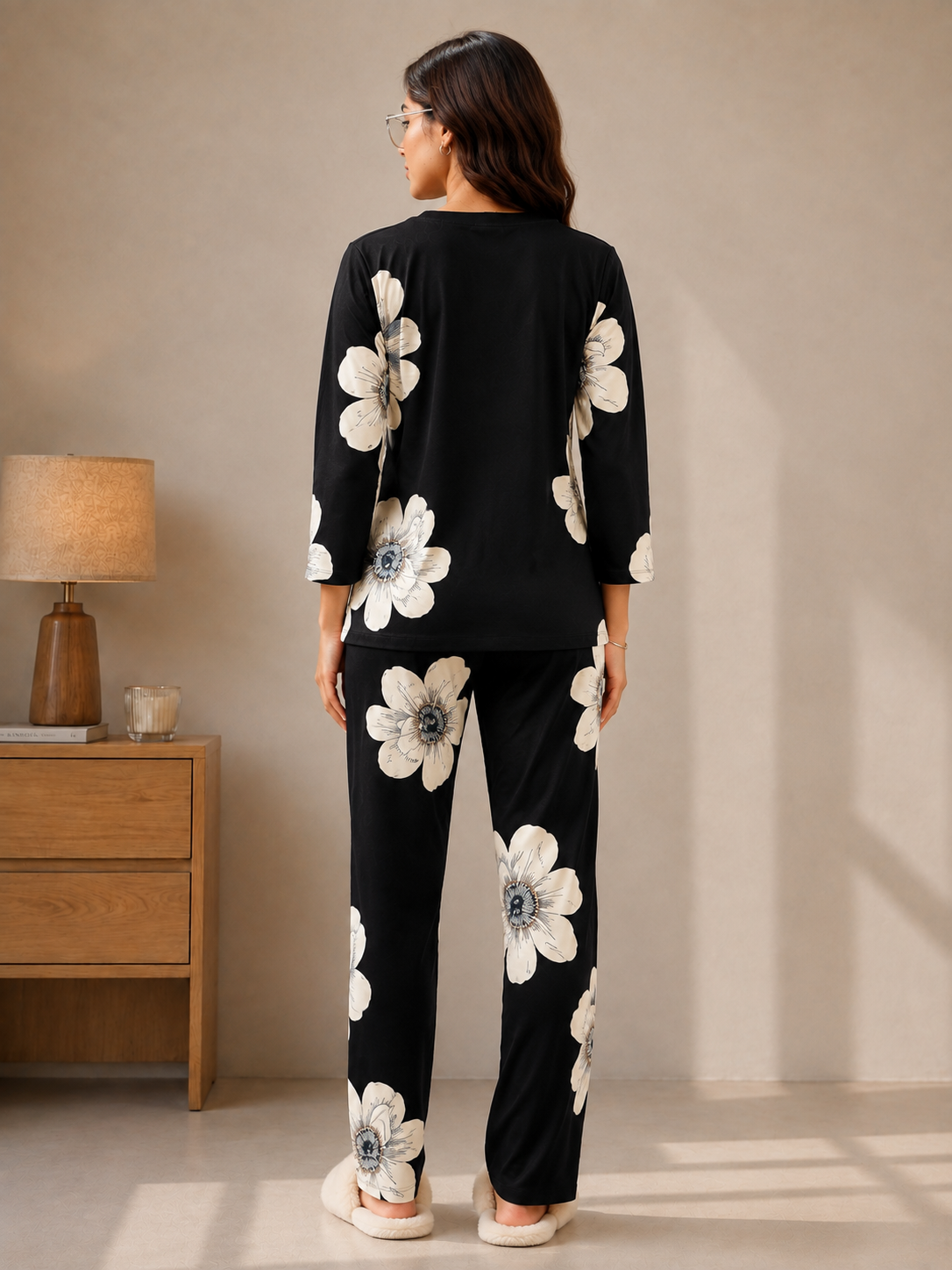Black Petal Charm Printed Night Suit For Women | Claura