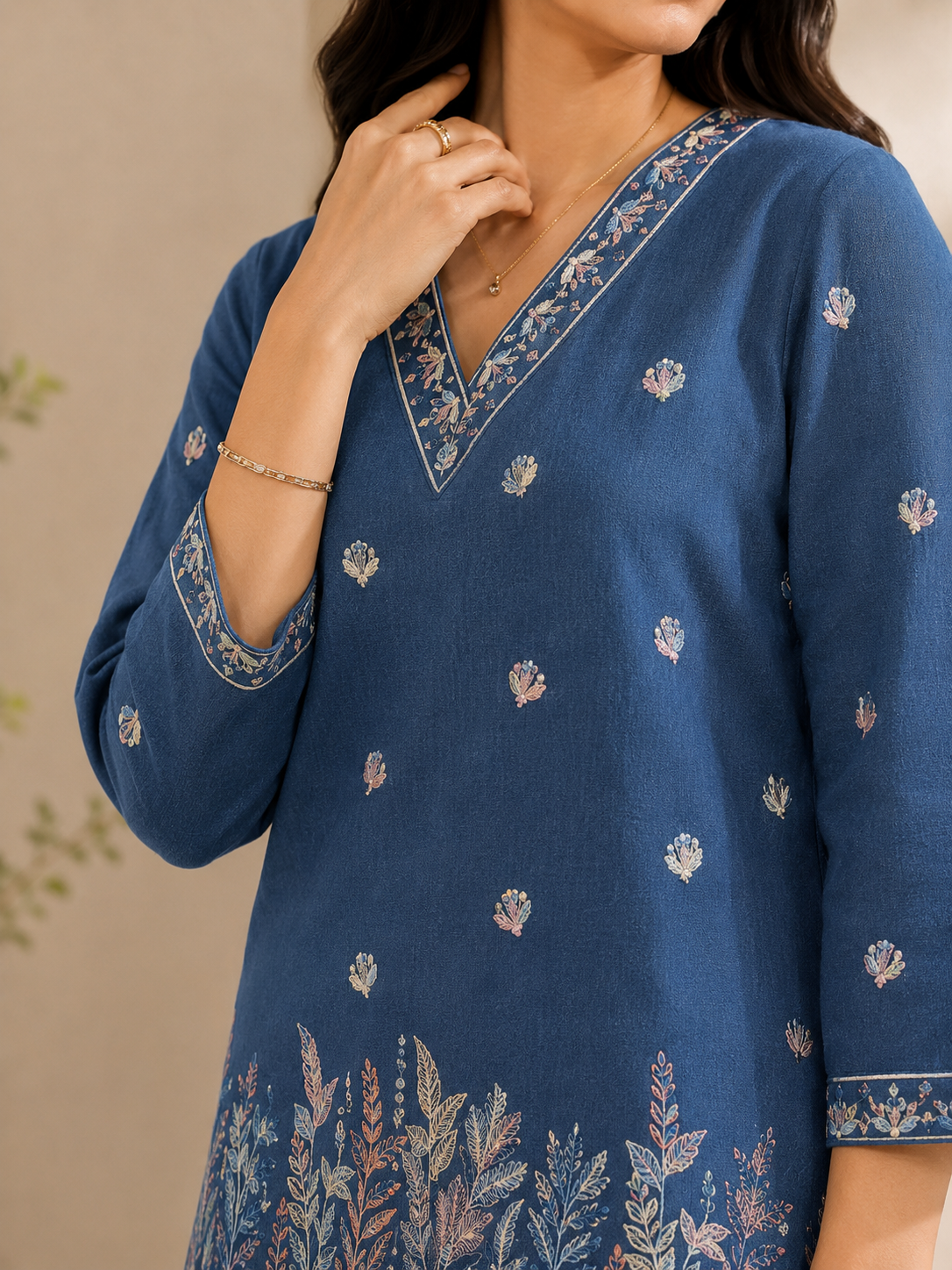 Blue Floral Embroidered Linen Tunic with Solid Palazzos Co-ord Set