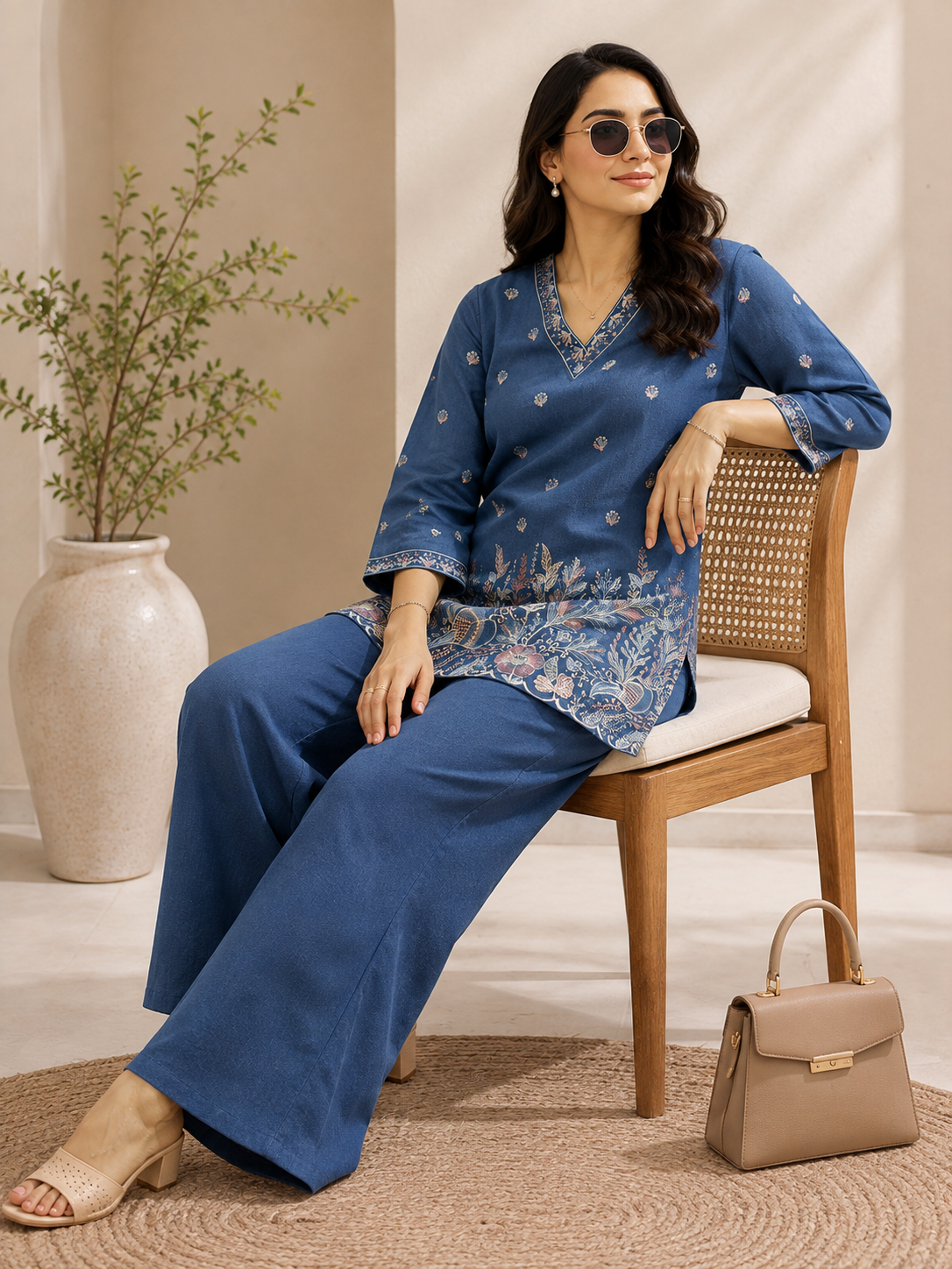 Blue Floral Embroidered Linen Tunic with Solid Palazzos Co-ord Set