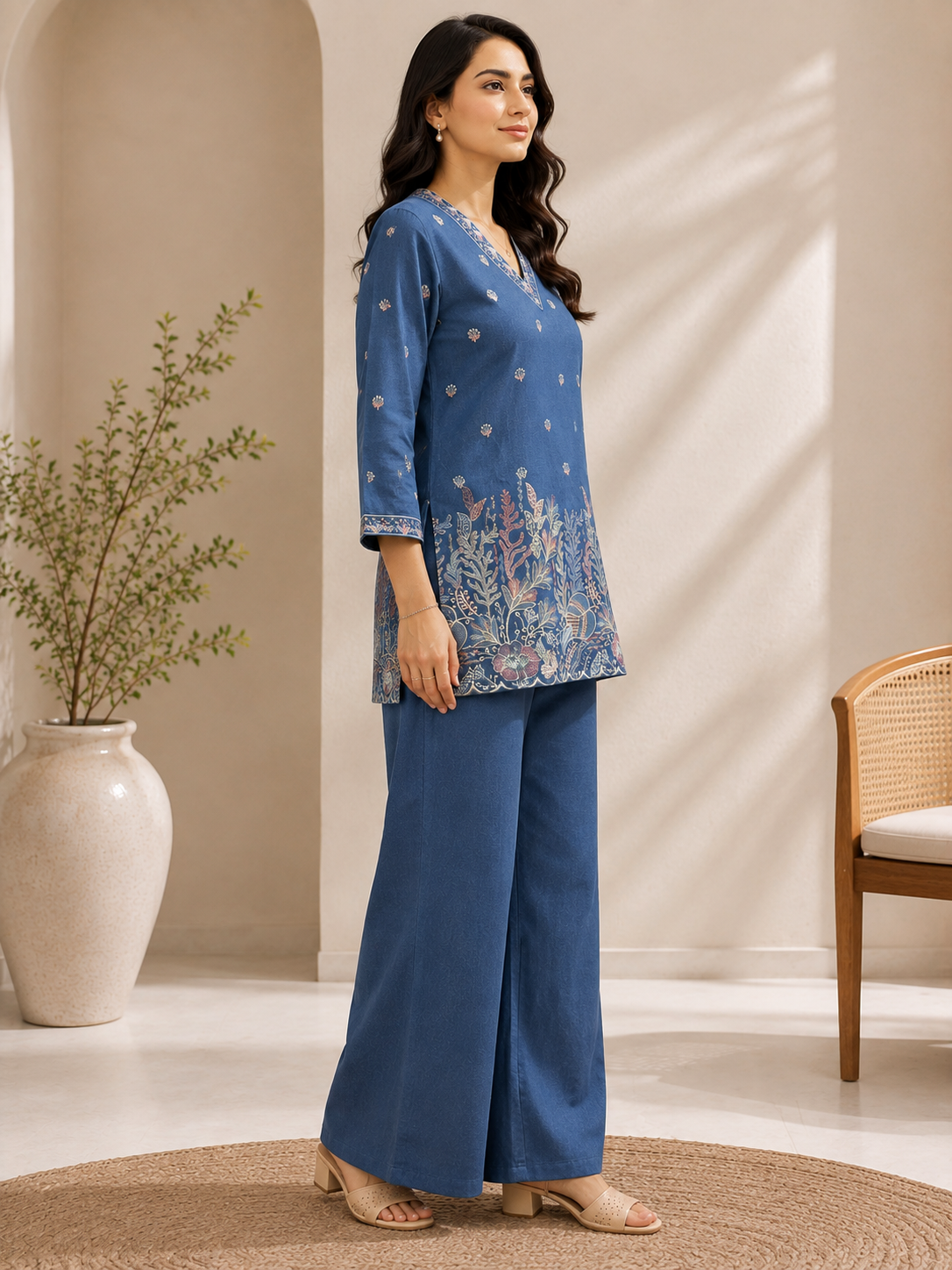 Blue Floral Embroidered Linen Tunic with Solid Palazzos Co-ord Set