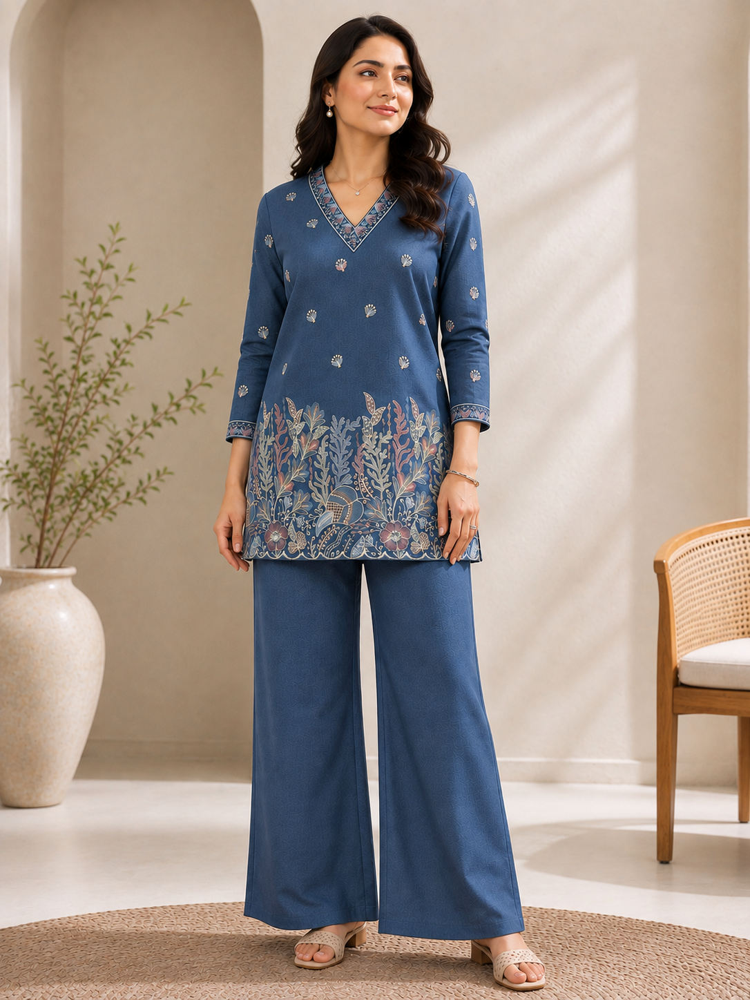 Blue Floral Embroidered Linen Tunic with Solid Palazzos Co-ord Set