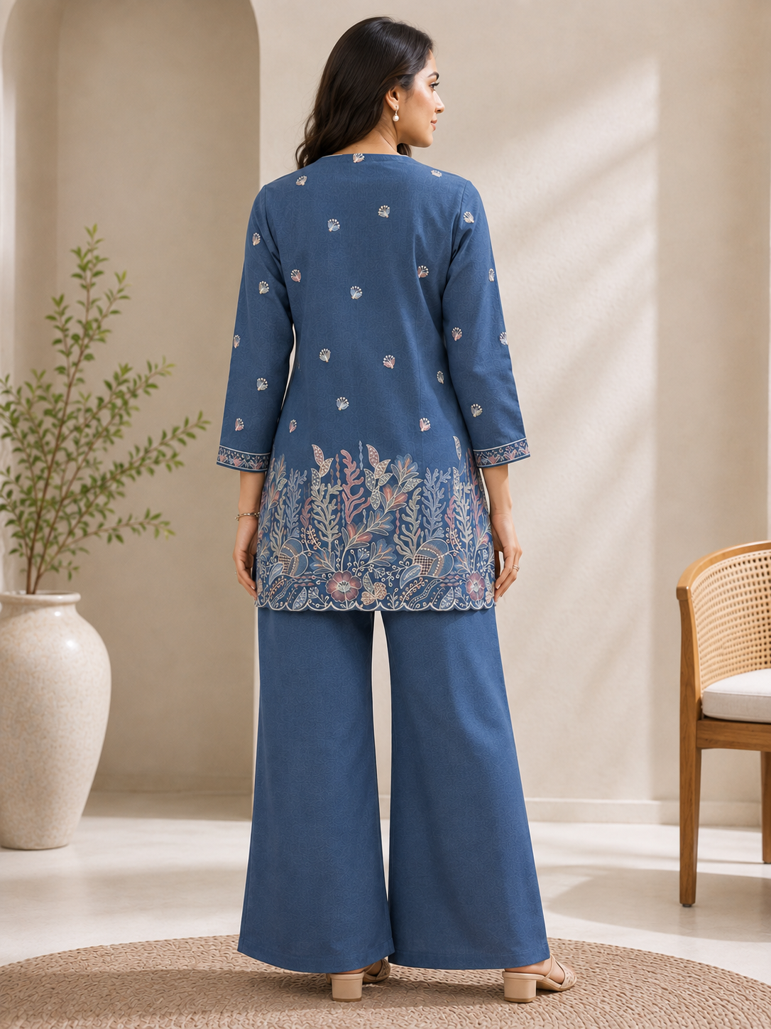 Blue Floral Embroidered Linen Tunic with Solid Palazzos Co-ord Set