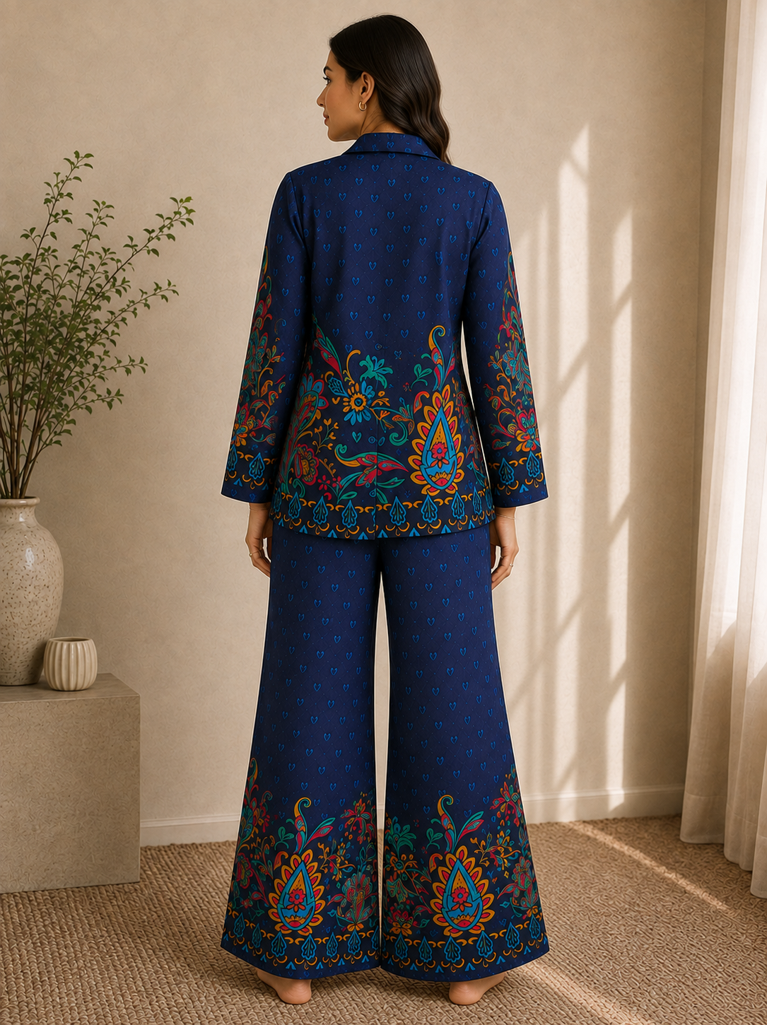 Navy Blue Botanical Print Shirt Collar Night Suit | Claura