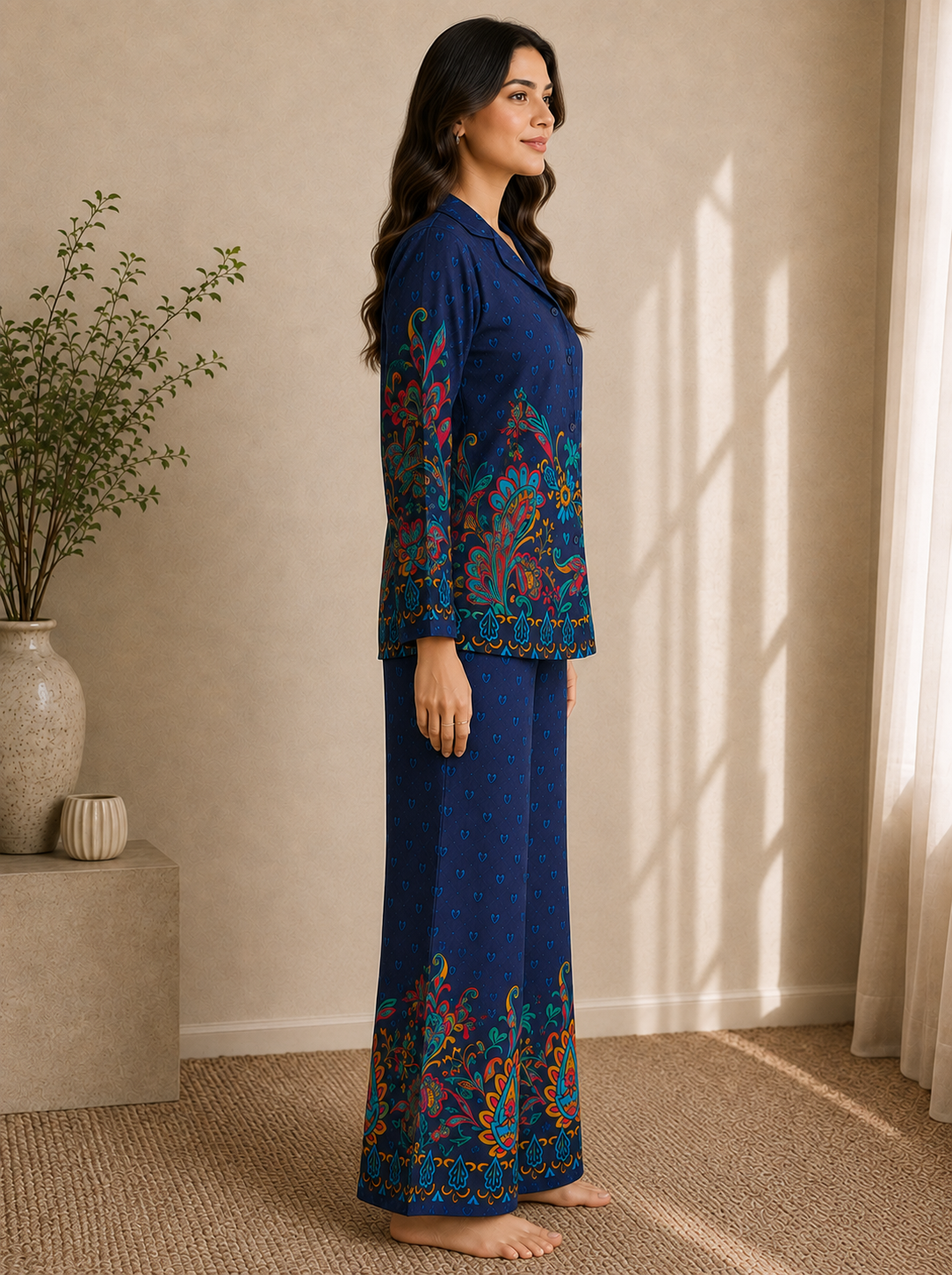 Navy Blue Botanical Print Shirt Collar Night Suit | Claura