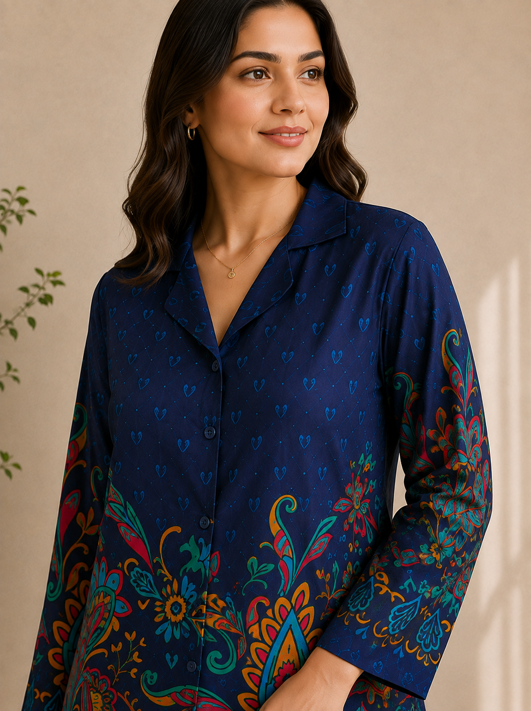 Navy Blue Botanical Print Shirt Collar Night Suit | Claura