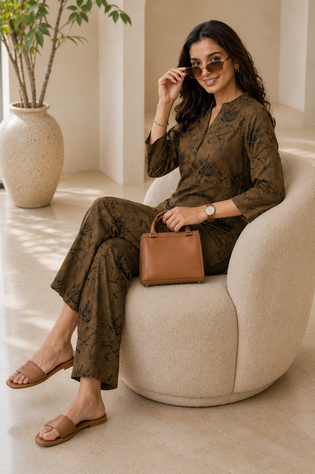 Brown Cotton Printed Tunic with Palazzos Co-Ord Set | Claura