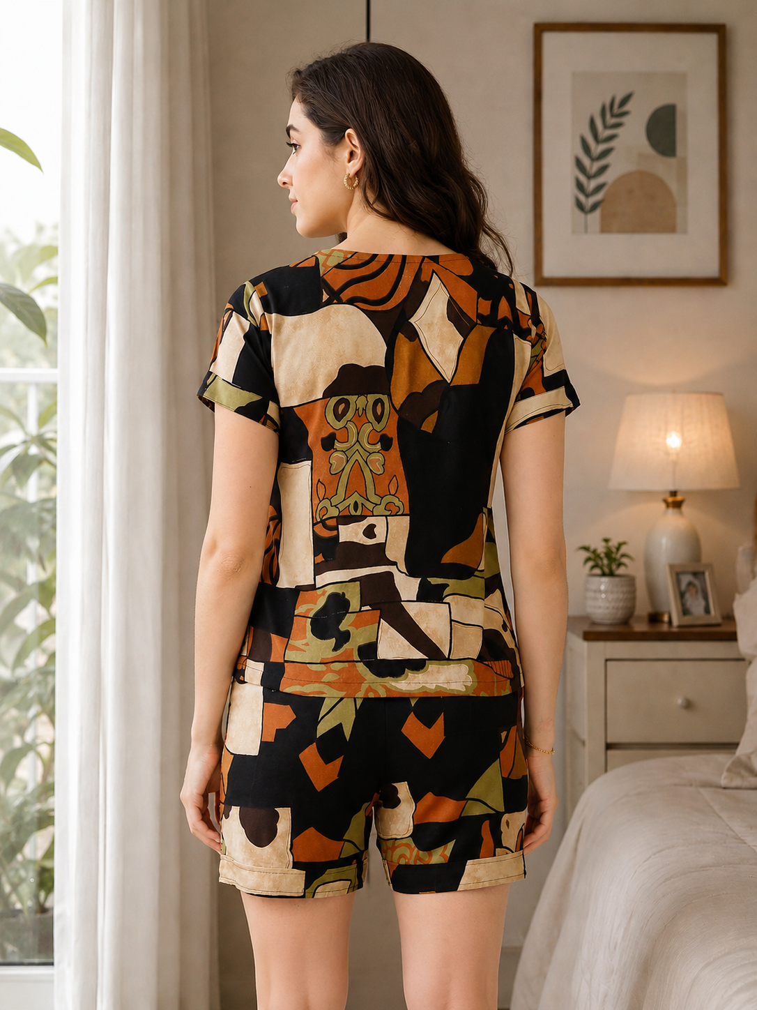 Black Rayon Abstract Printed Night Suit for Women | Claura