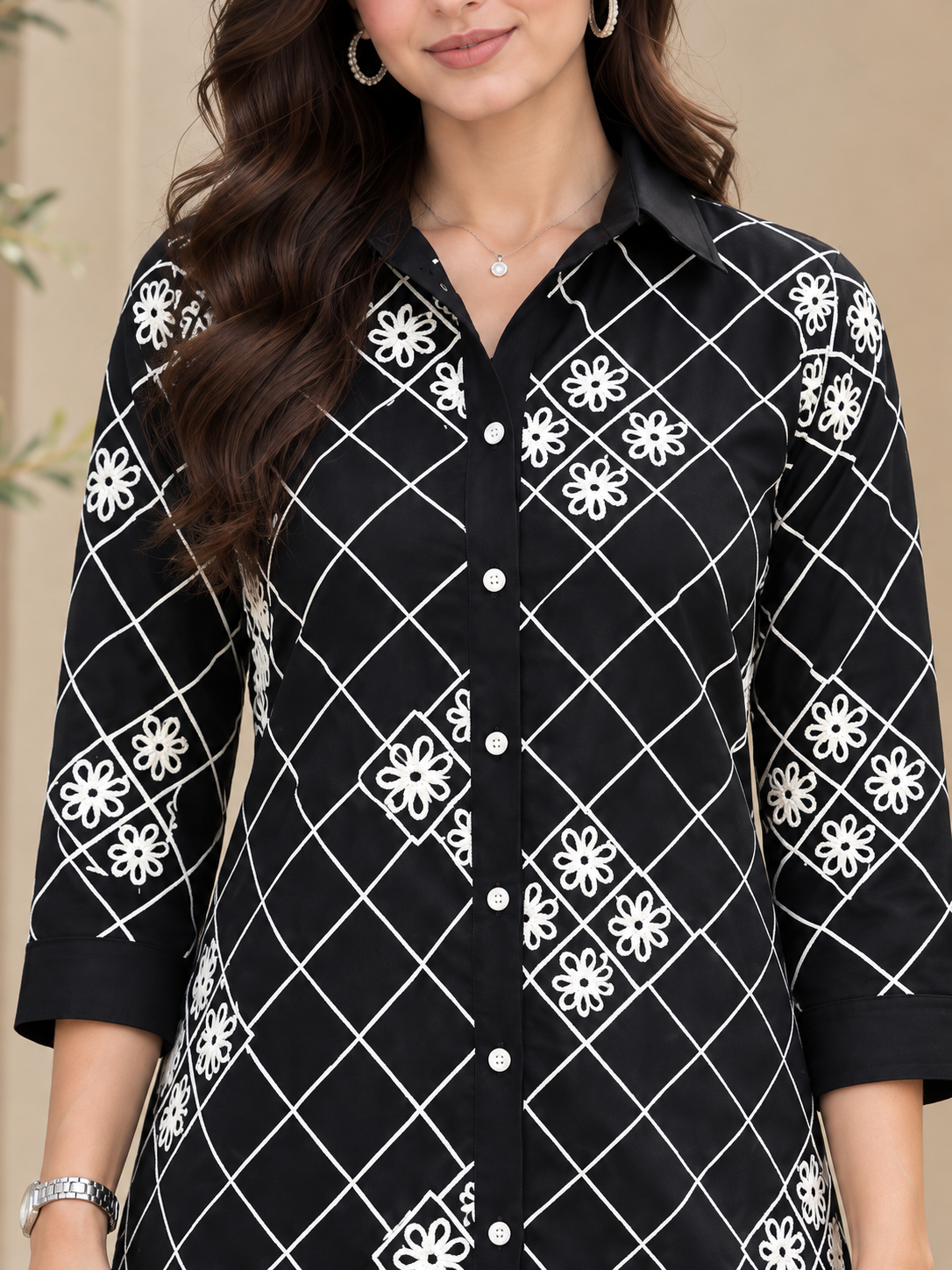 Black & Bloom Embroidered Shirt with Wide-Leg Palazzos | Claura