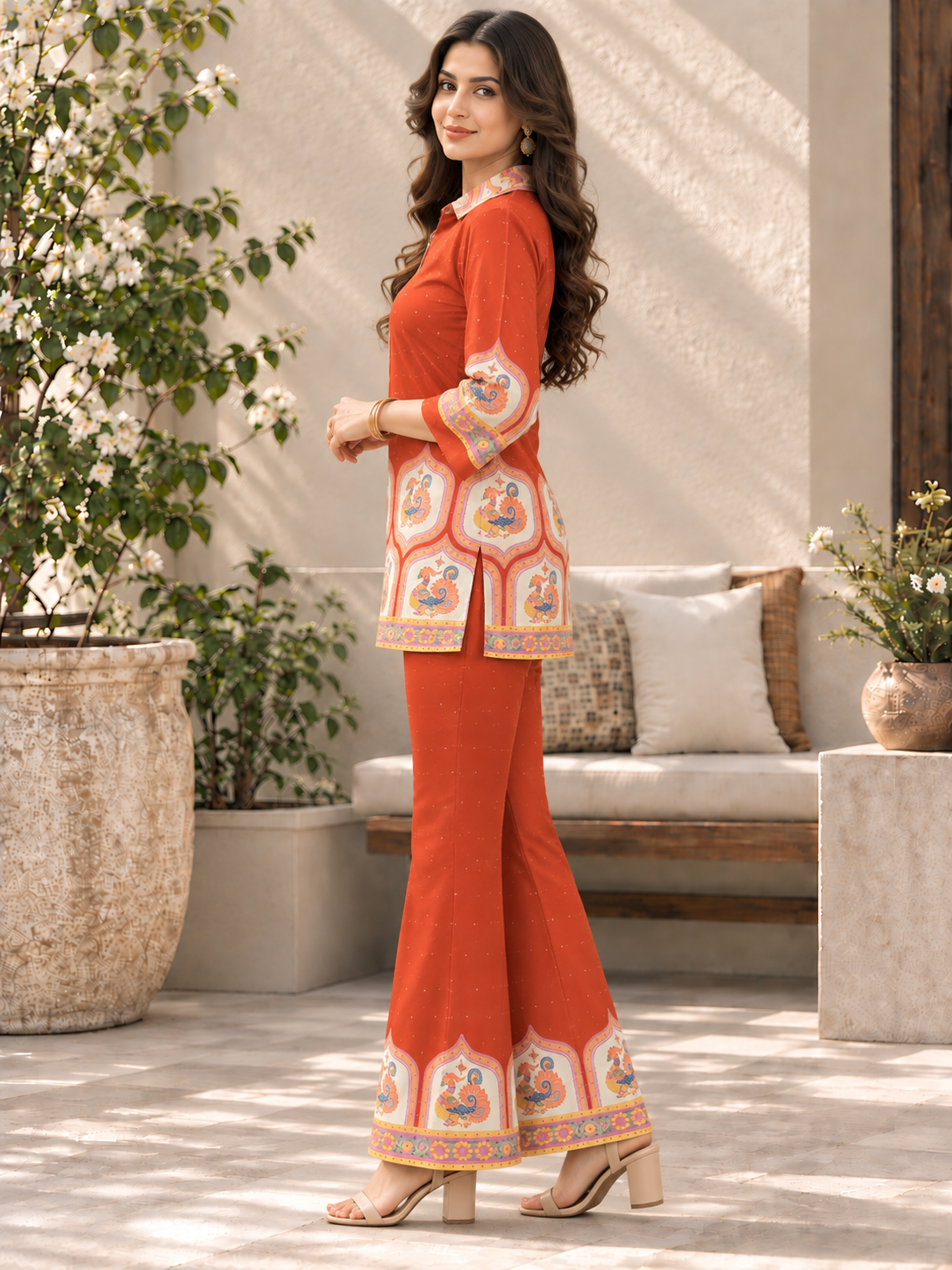Orange  with Cream Tunic Floral Printed Palazzos Set | Claura