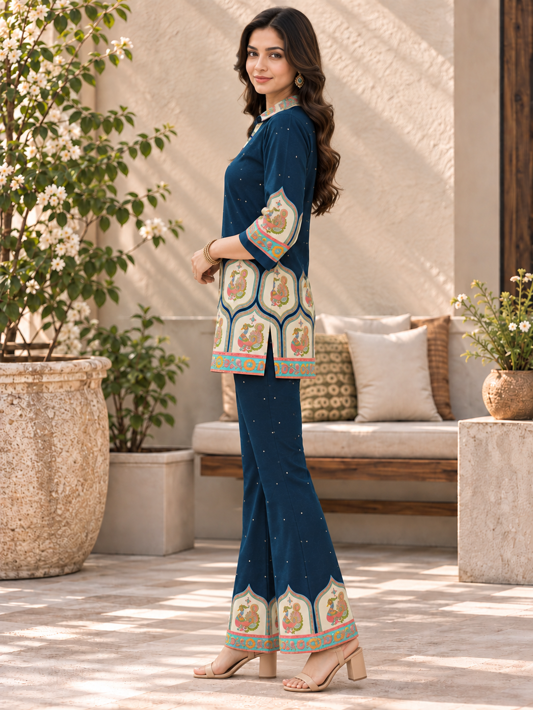 Navy Blue Floral Printed Tunic with Palazzos Set for women | Claura