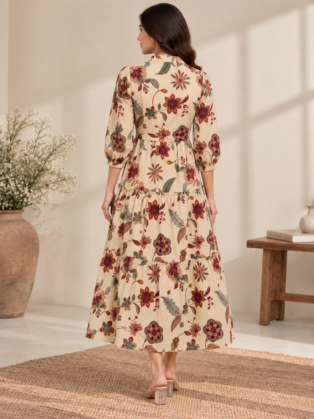 Cream Floral Printed Gathered A-Line Midi Dress | Claura