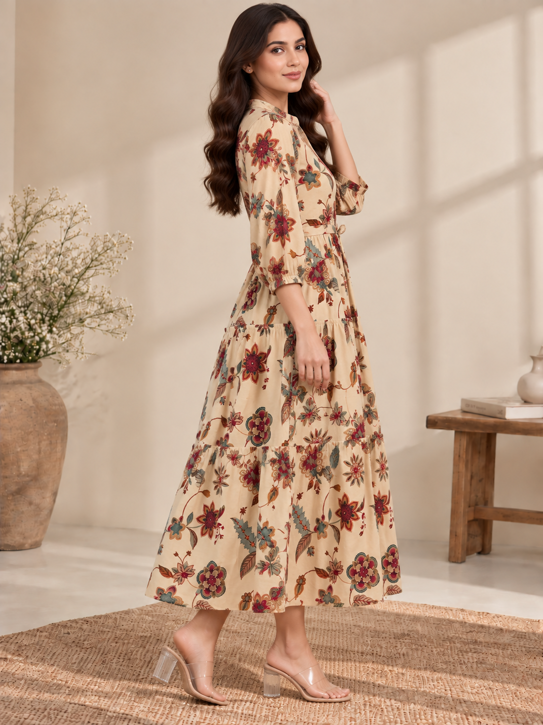 Cream Floral Printed Gathered A-Line Midi Dress | Claura