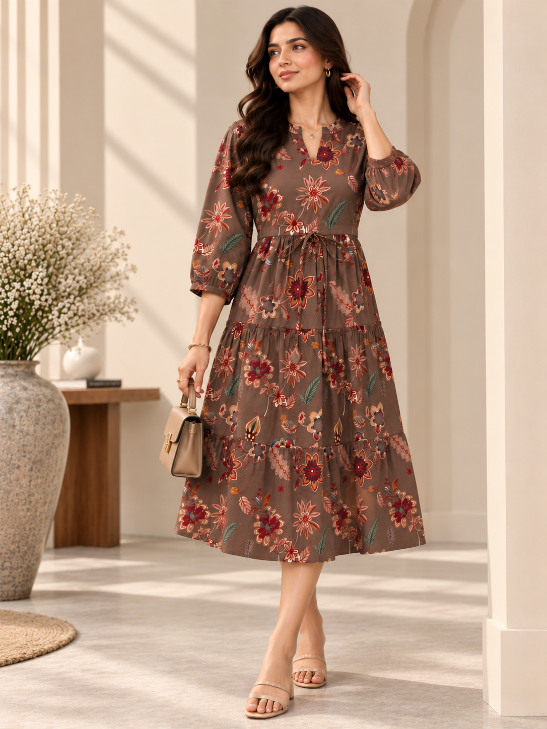 Brown Floral Printed Gathered A-Line Midi Dress | Claura