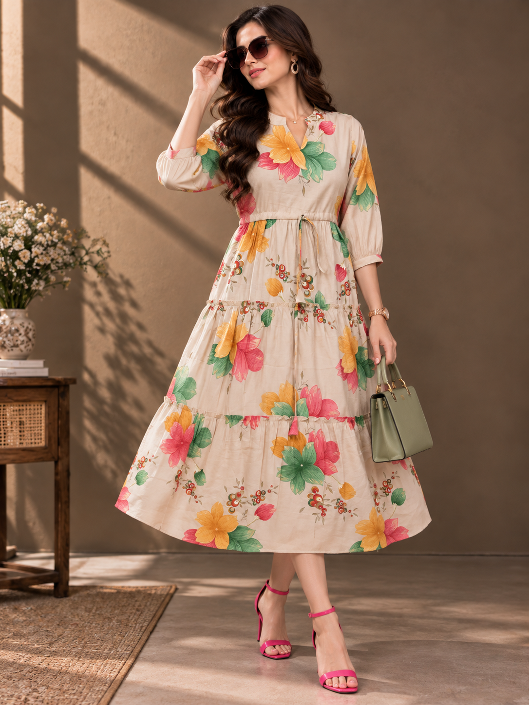 Multi colored Floral Print Tiered A-Line Midi Dress For Women | Claura