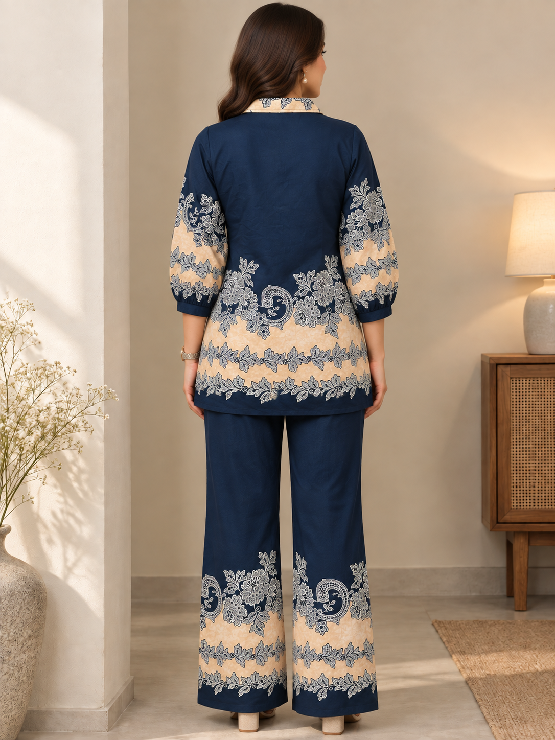 Navy Blue & Beige Floral Printed Tunic with Matching Palazzo Set | Claura