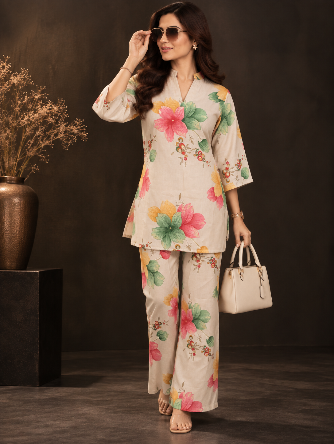 Multicolour Floral Reverie Printed Tunic with Palazzos | Claura