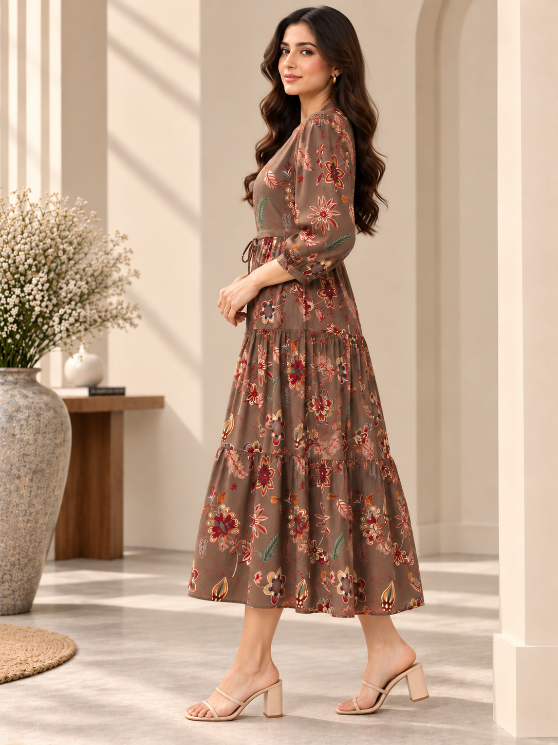 Brown Floral Printed Gathered A-Line Midi Dress | Claura