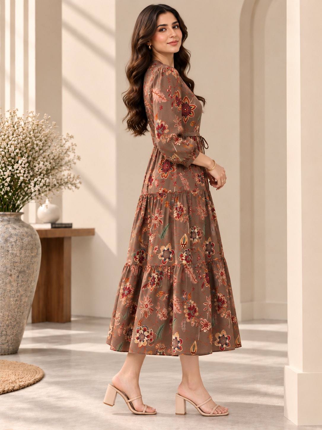 Brown Floral Printed Gathered A-Line Midi Dress | Claura