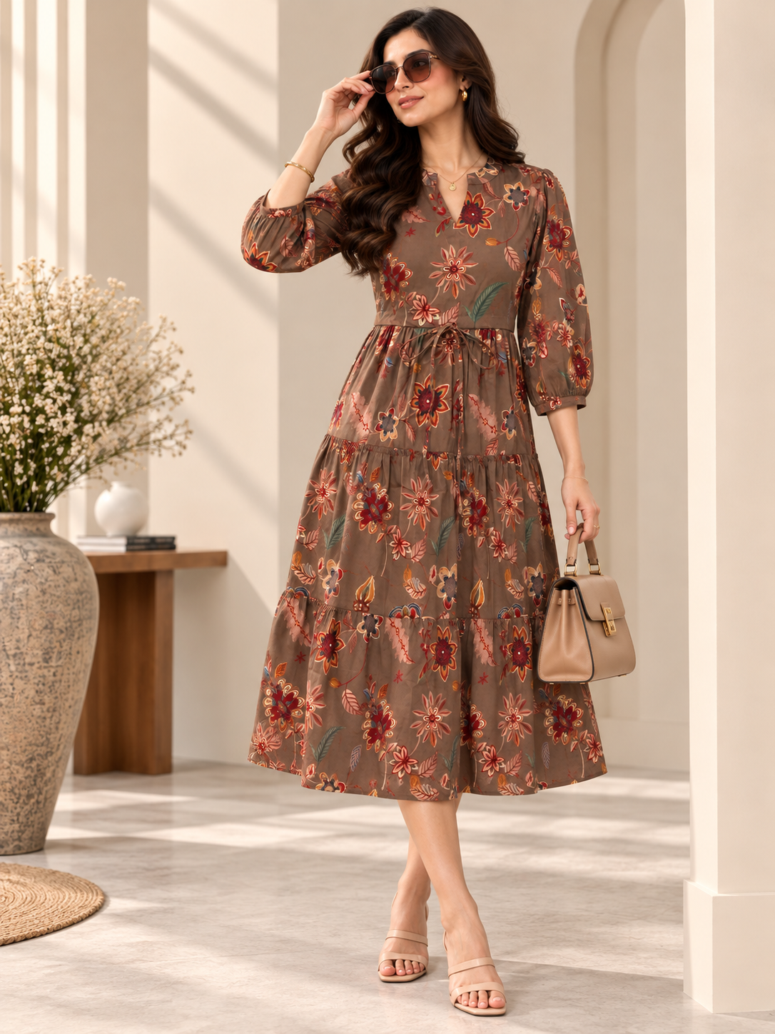Brown Floral Printed Gathered A-Line Midi Dress | Claura