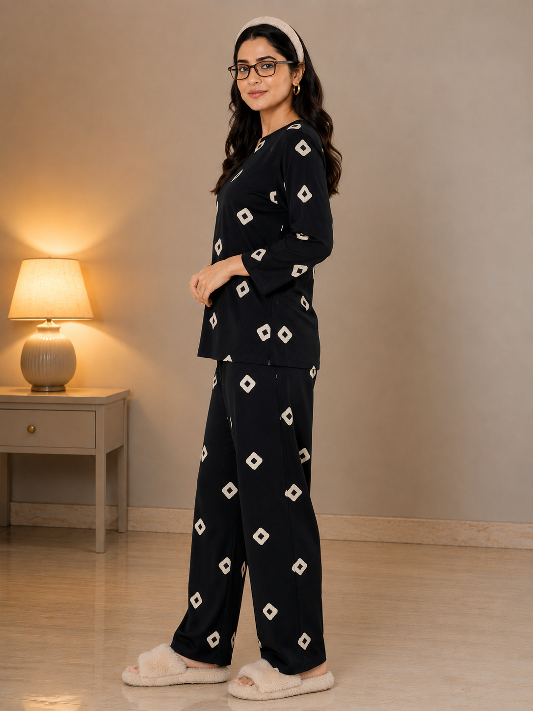 Black Ivory Motif V-Neck Rayon Night Suit For Women | Women