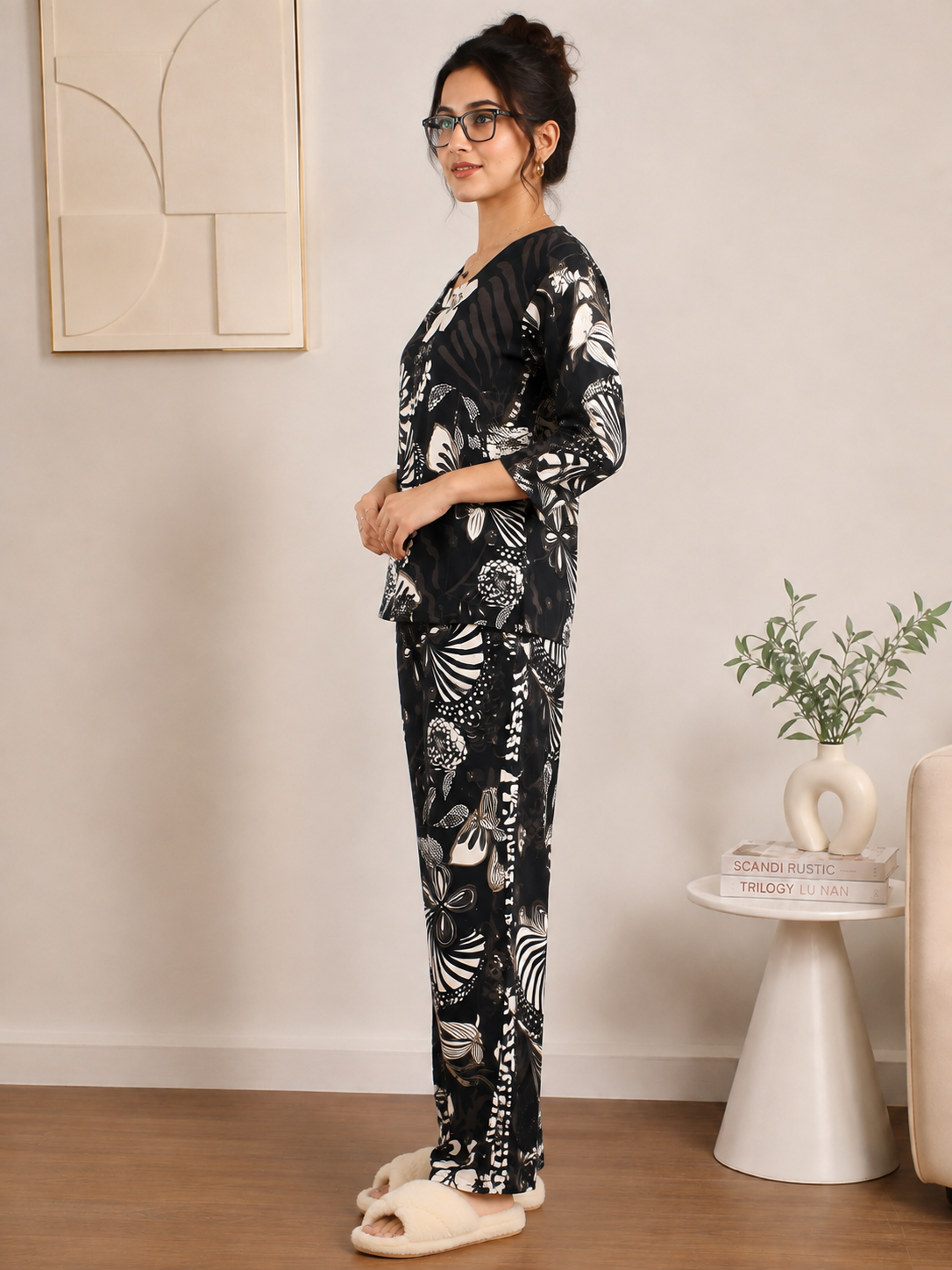 Black Floral Printed Night Suit with V-Neck For Women | Claura