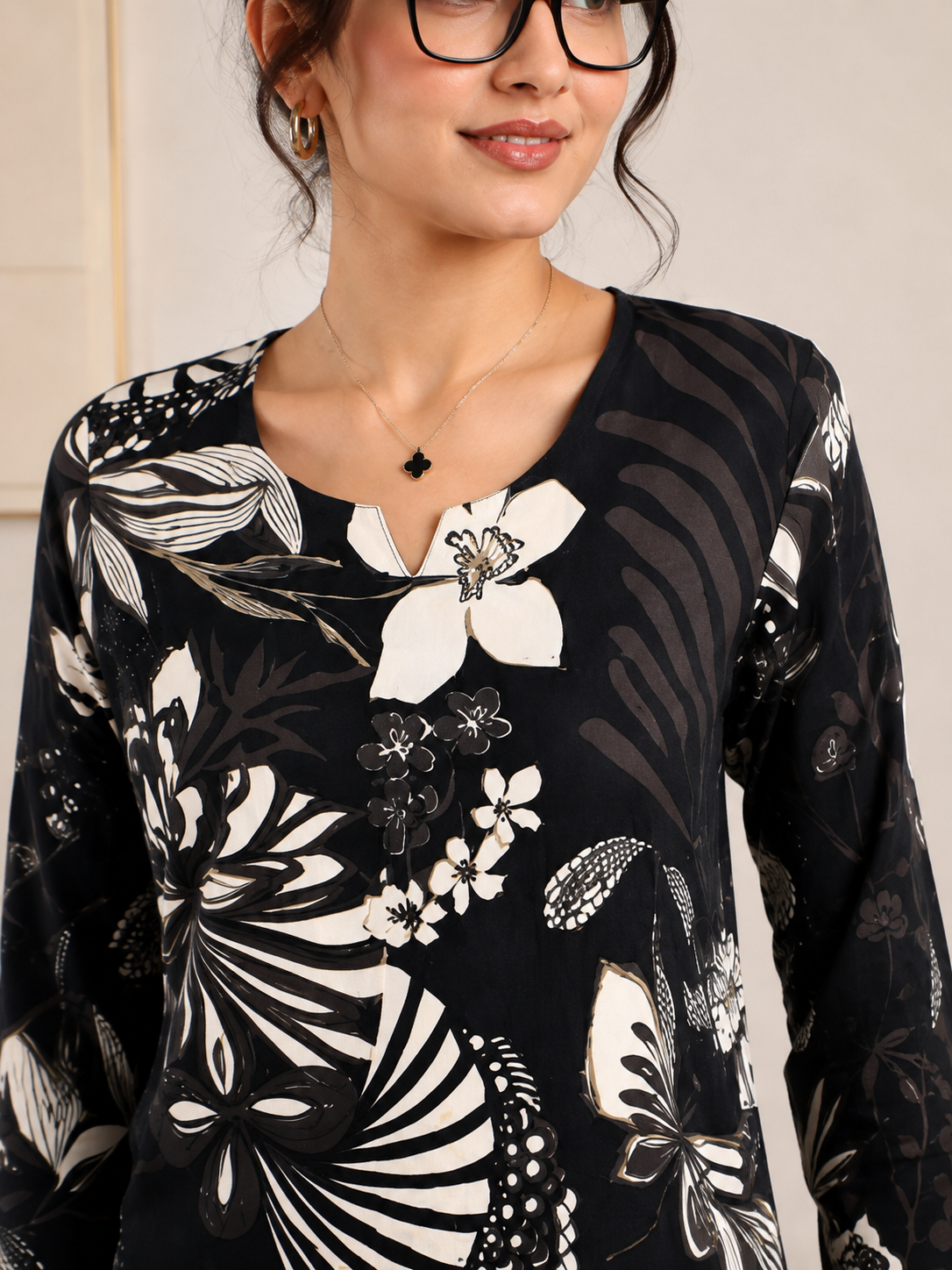 Black Floral Printed Night Suit with V-Neck For Women | Claura