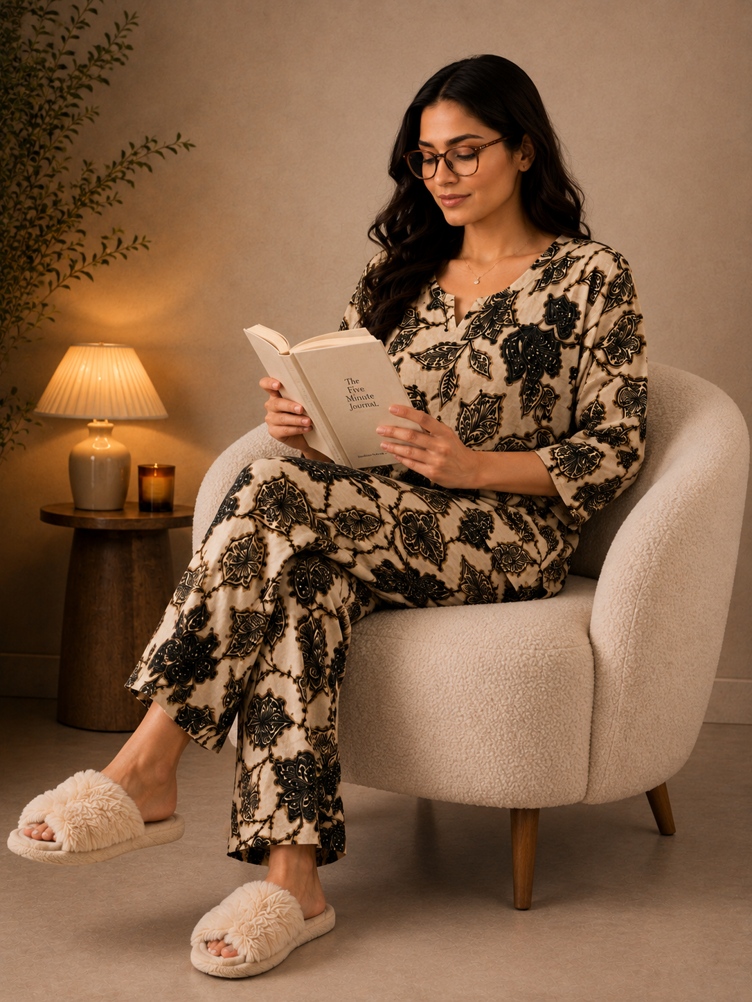 Cream Floral Printed Rayon Night Suit with Elegant Black Motifs | Claura