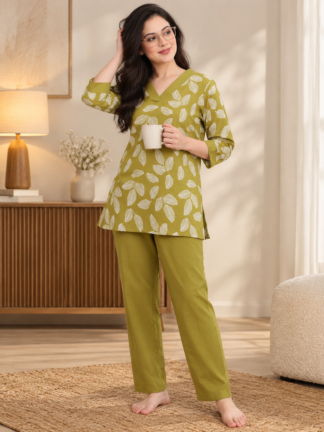 Green Leaf Print V-Neck Comfort Night Suit Set For Women | Claura