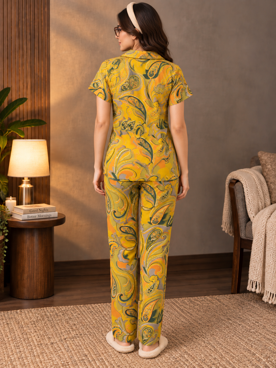 Mustard Muse Yellow Printed Night Suit For Women | Claura