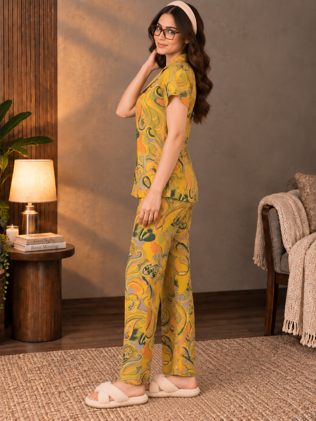 Mustard Muse Yellow Printed Night Suit For Women | Claura