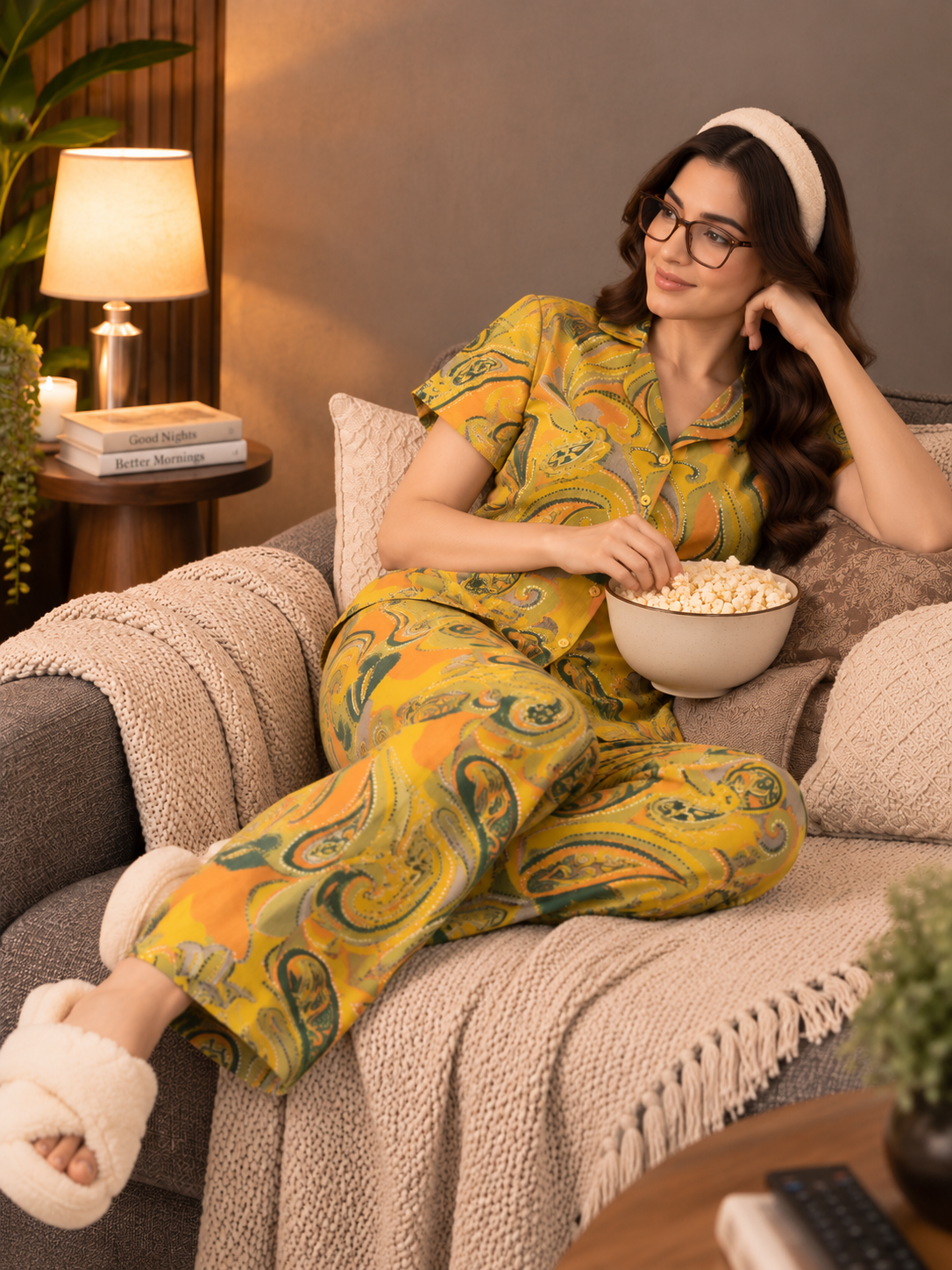 Mustard Muse Yellow Printed Night Suit For Women | Claura