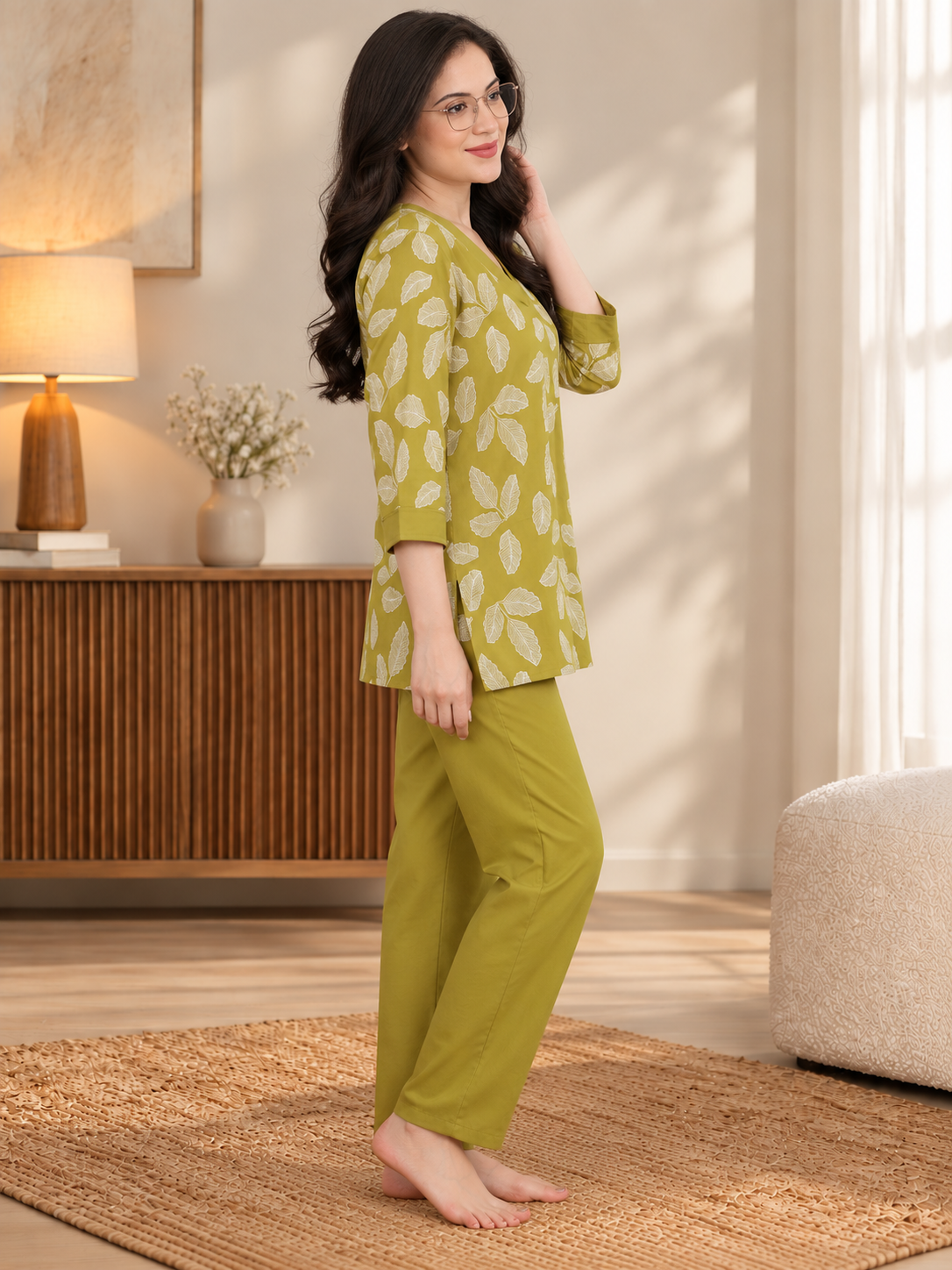 Green Leaf Print V-Neck Comfort Night Suit Set For Women | Claura