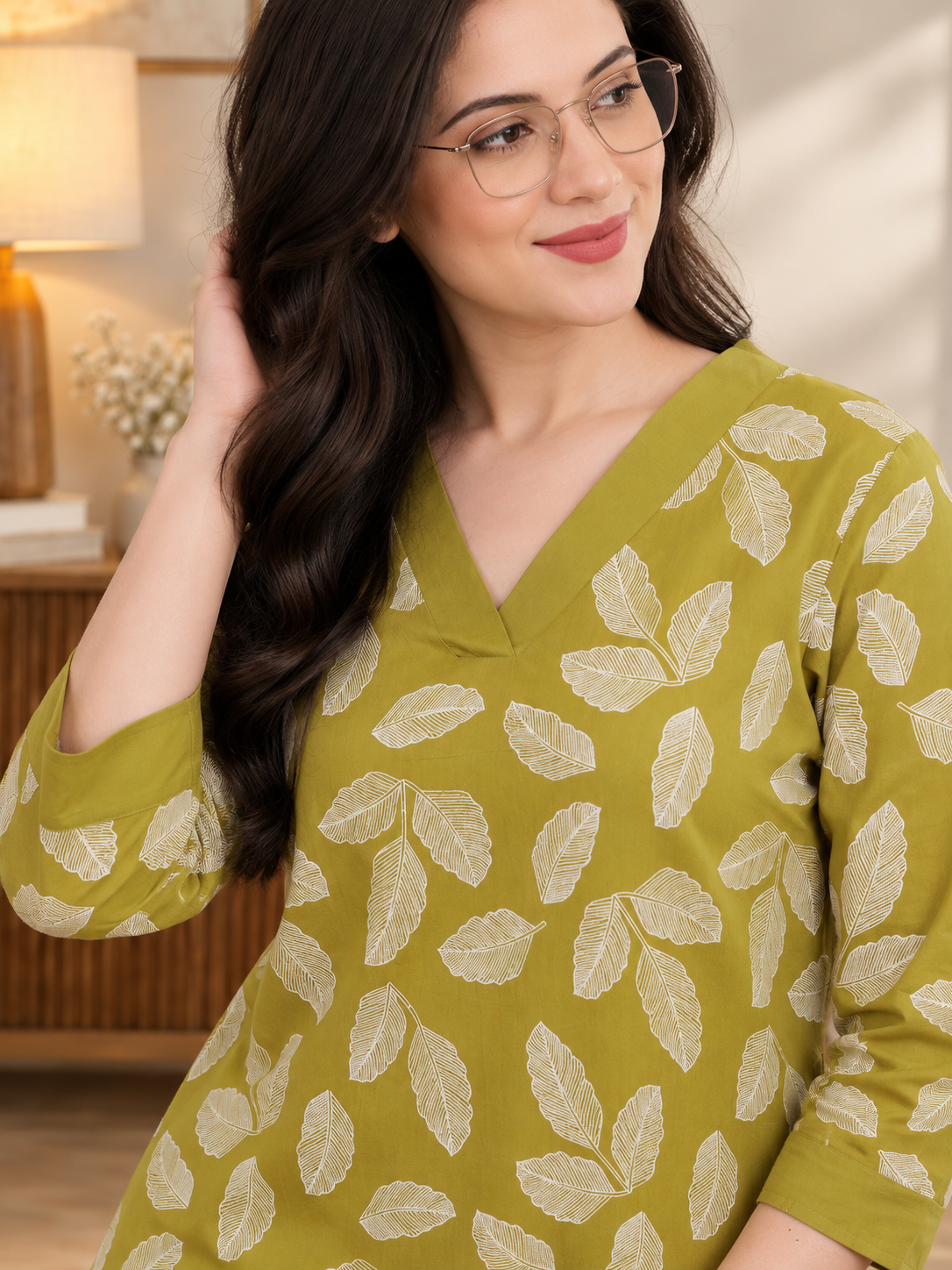 Green Leaf Print V-Neck Comfort Night Suit Set For Women | Claura
