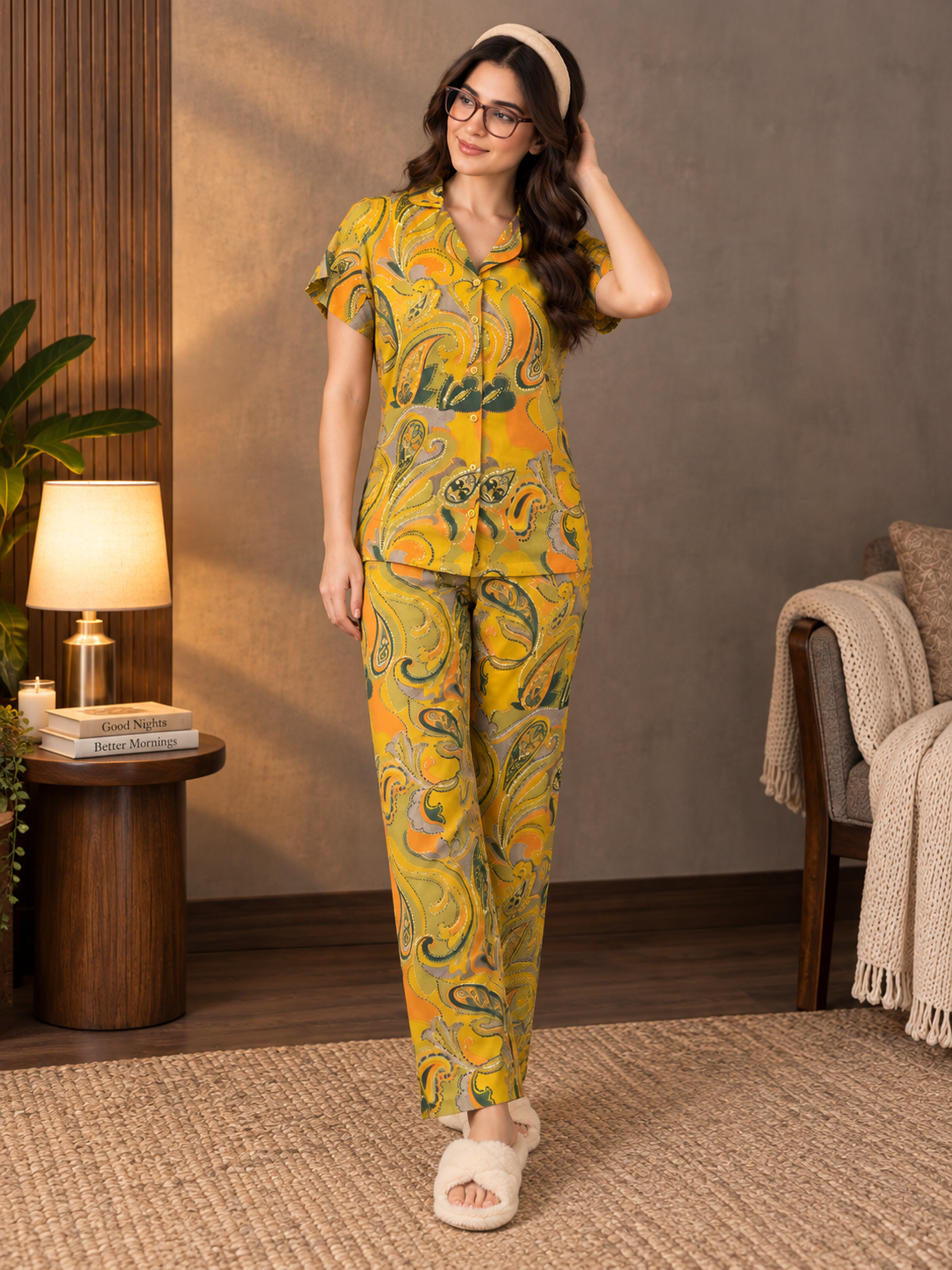 Mustard Muse Yellow Printed Night Suit For Women | Claura