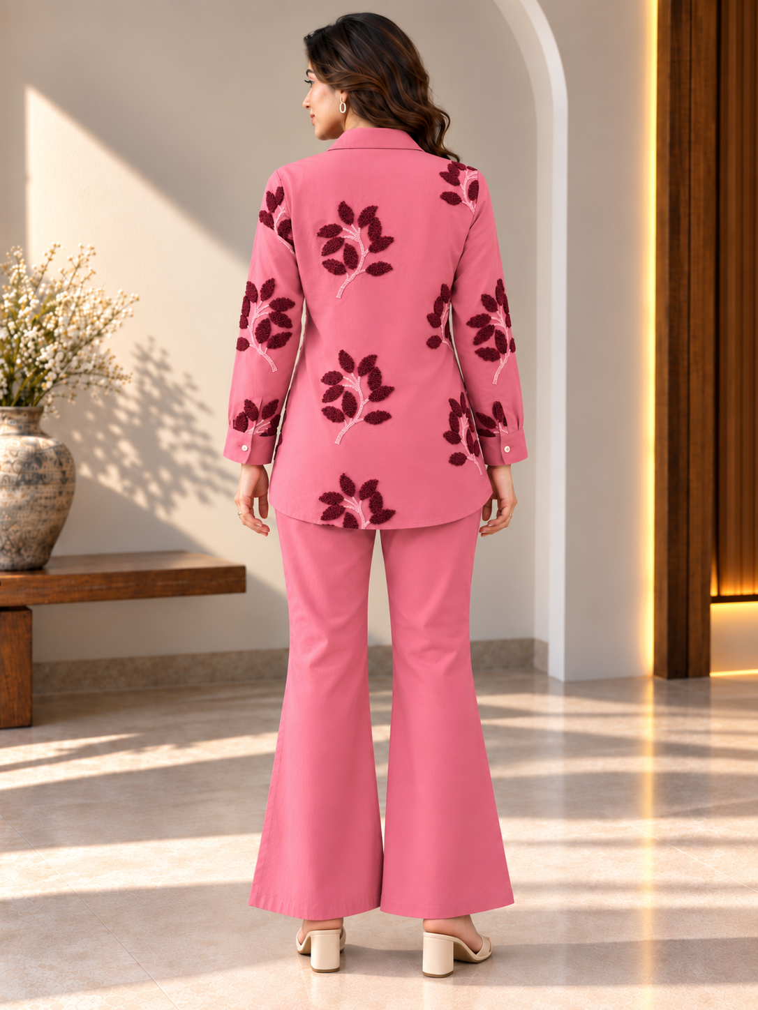 Pink Embroidered Tunic with Flared Palazzo Set | Claura