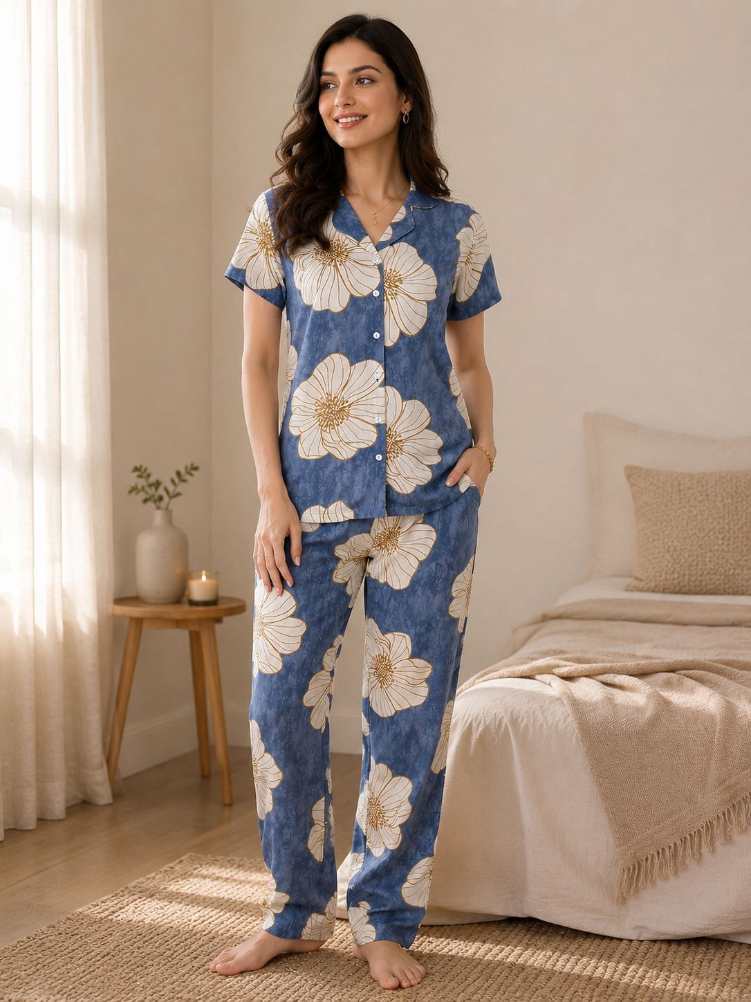 Blue Color Viscose Rayon Floral Printed Night Suit for Women | Claura