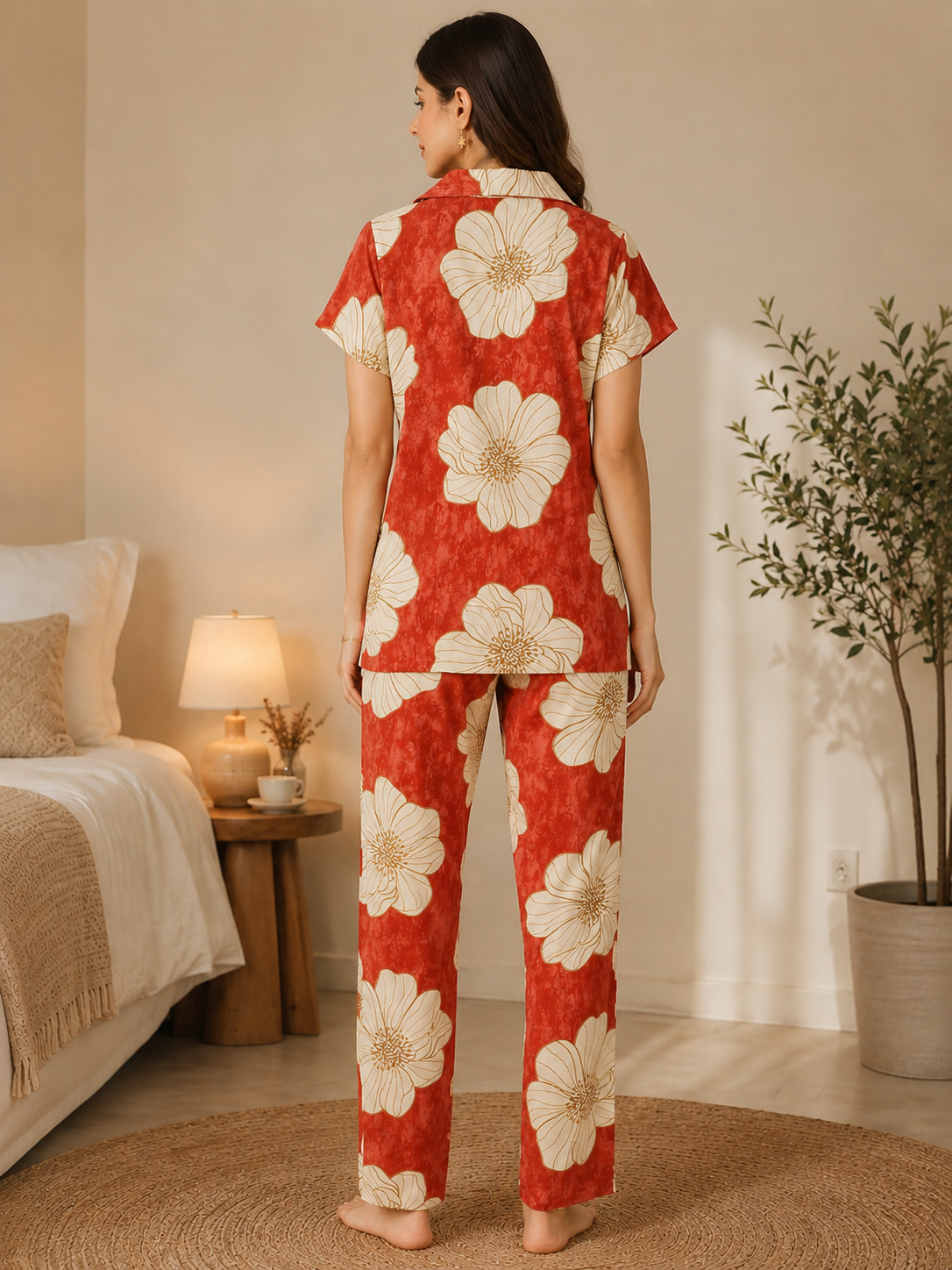 Red Color Viscose Rayon Floral Printed Night Suit for Women | Claura